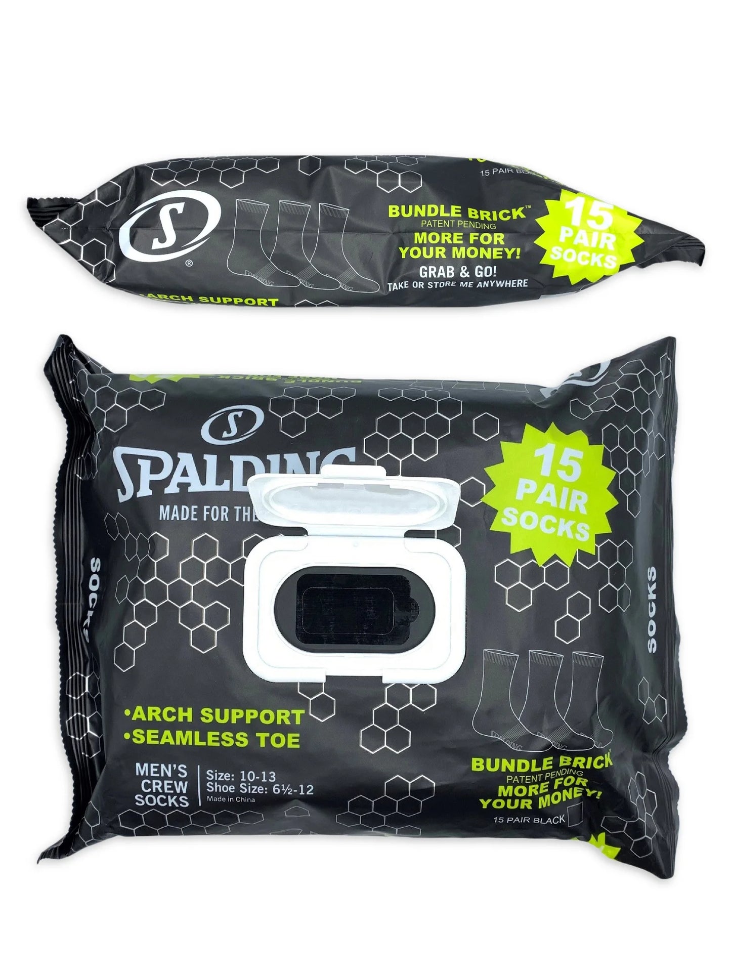 Spalding Men's Black Crew Socks, 15-Pack, Sizes 6.5-12