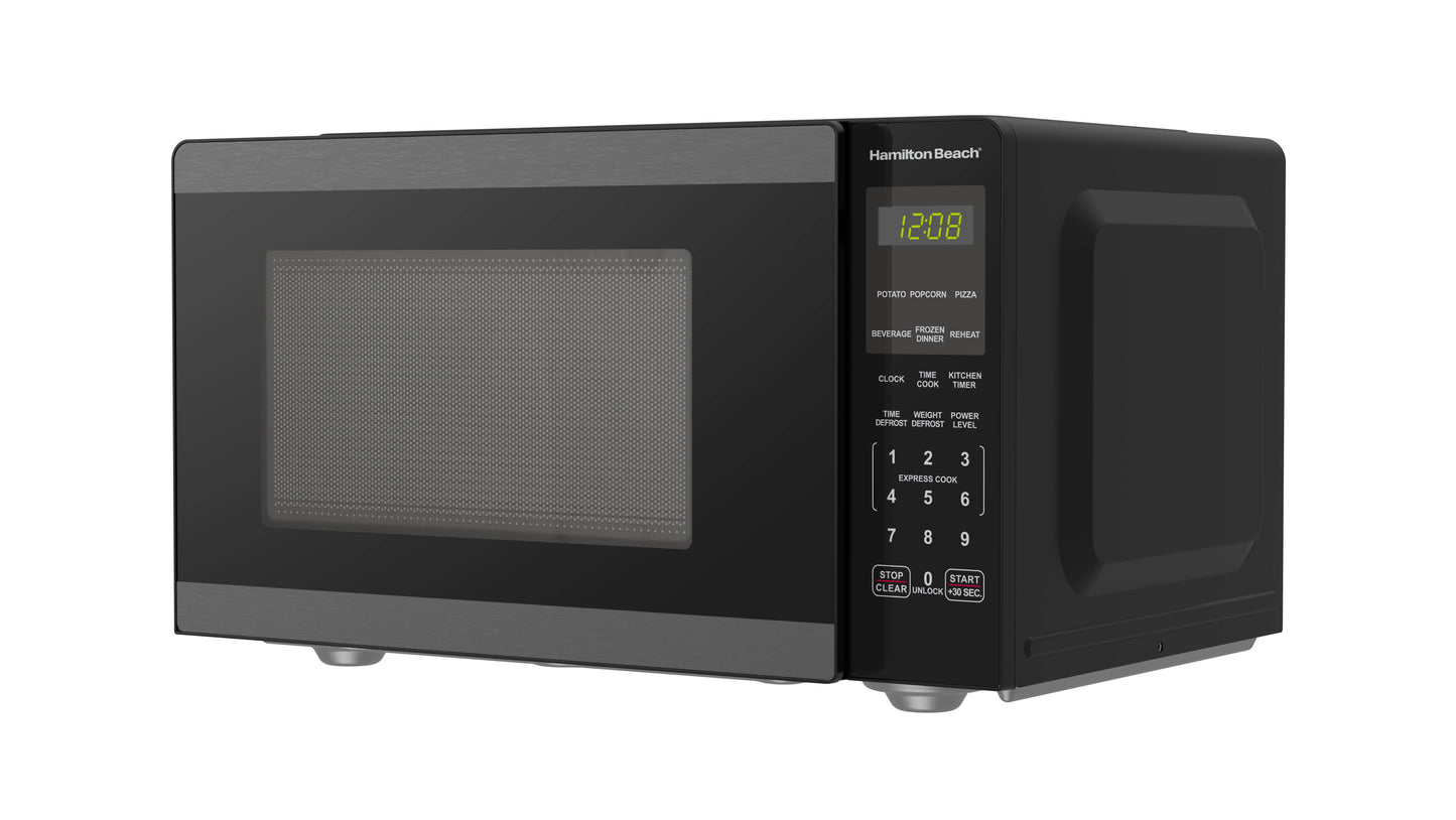 Hamilton Beach 0.9 Cu ft Countertop Microwave Oven, 900 Watts, Black Stainless Steel, New