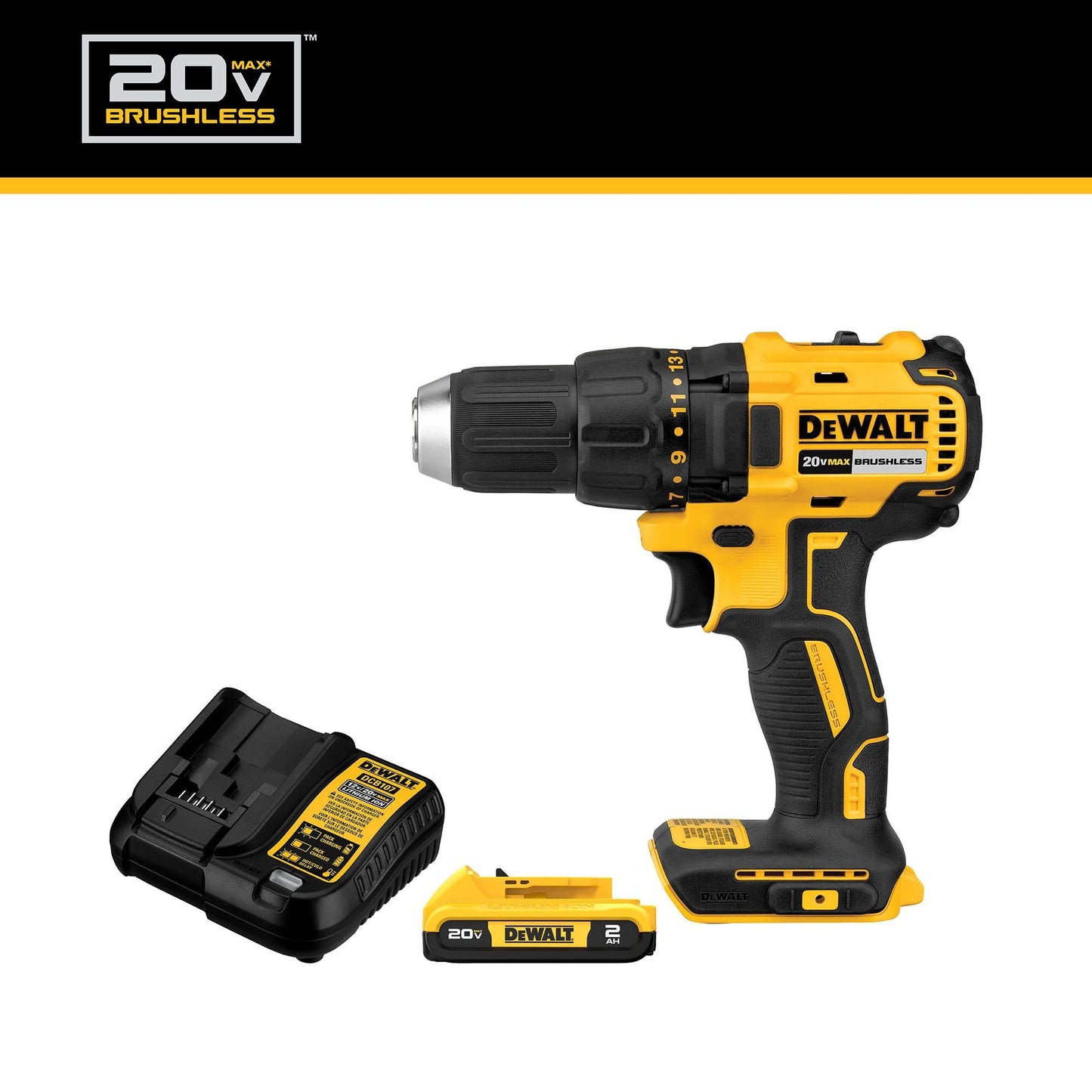 DEWALT 20V MAX Cordless Drill Driver Set, Electric Drill, Brushless 1/2 In 2 Speed, 2.0 Ah Battery and Charger Included, LED Light (DCD777D1)