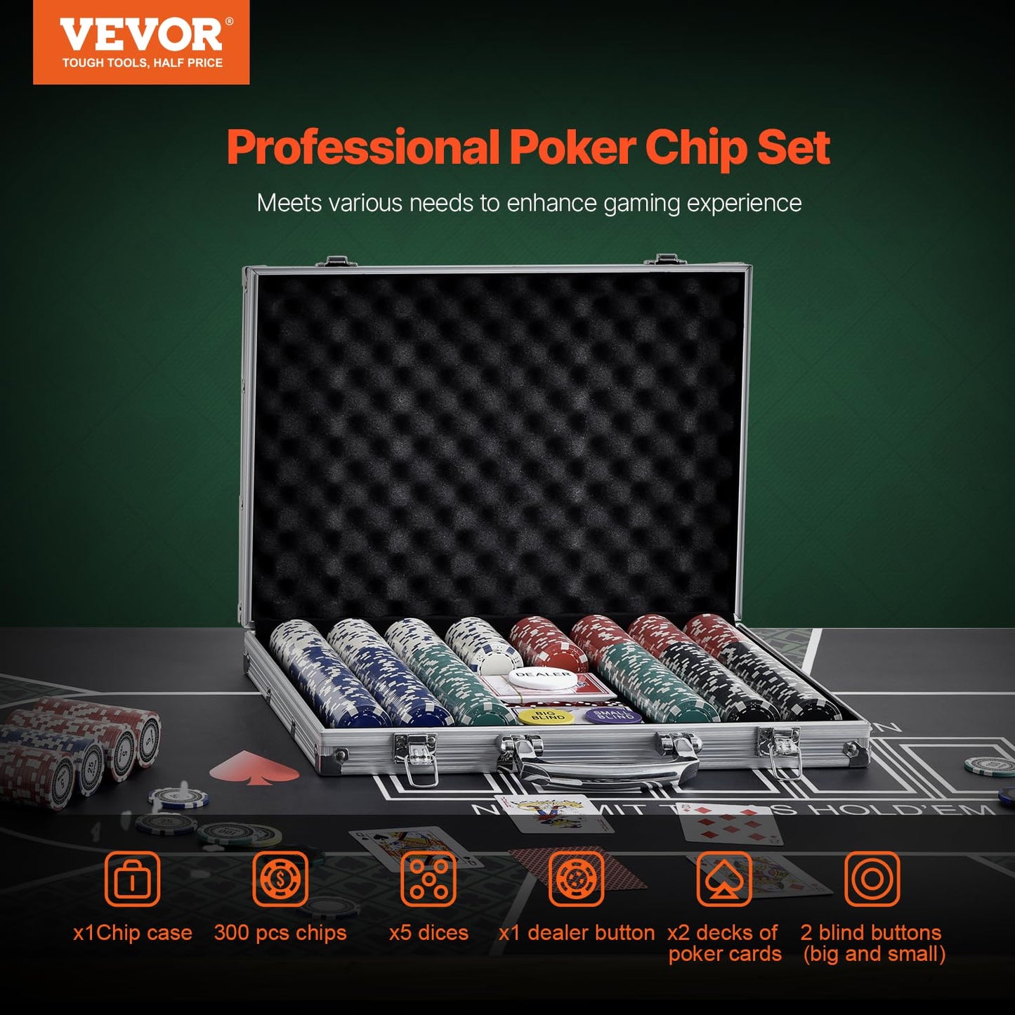 VEVOR Poker Set, 300-Piece Complete Poker Playing Game Set for Texas Hold'em, Blackjack, Gambling, Poker Chip Set with Aluminum Carrying Case, 11.5 Gram Casino Chips, Cards, Buttons and Dices