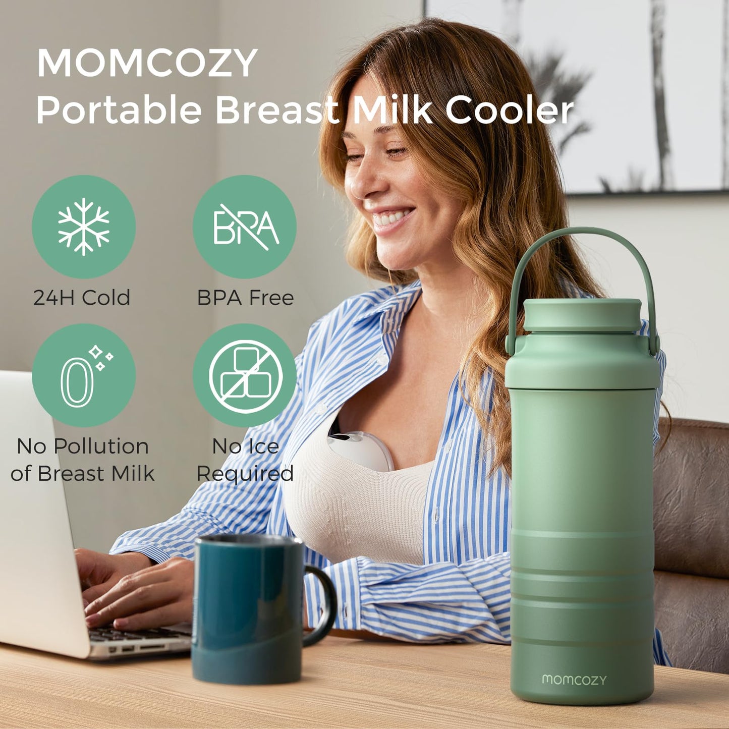 Momcozy 22oz Portable Breast Milk Cooler for Outdoor, Life Saver with 360ยฐ Total Cooling for 24 Hours, Larger Capacity Travel Breastmilk Chiller with 2pcs Baby Bottles for Breastmilk Storage, Green