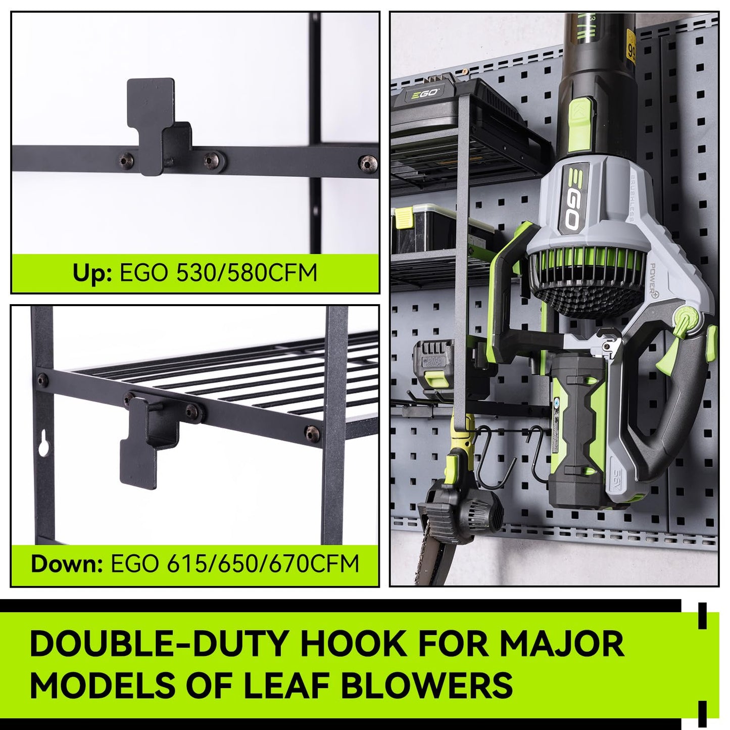 KAFAHOM Leaf Blower and Weed Eater Rack, Lawn Power Tool Organizer Wall Mount, Lawn Tool Storage Rack for Leaf Blower, Weed Eater, Battery, Charger,3-Tier Black