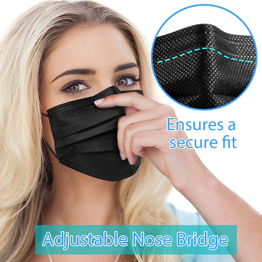 Egook Black Disposable Face Masks, 100 Pack 3 Ply Protection Face Mask, Soft Breathable Disposable Masks For Adults, Male-Female, Teenagers, Daily Use, Outdoors, School and Office