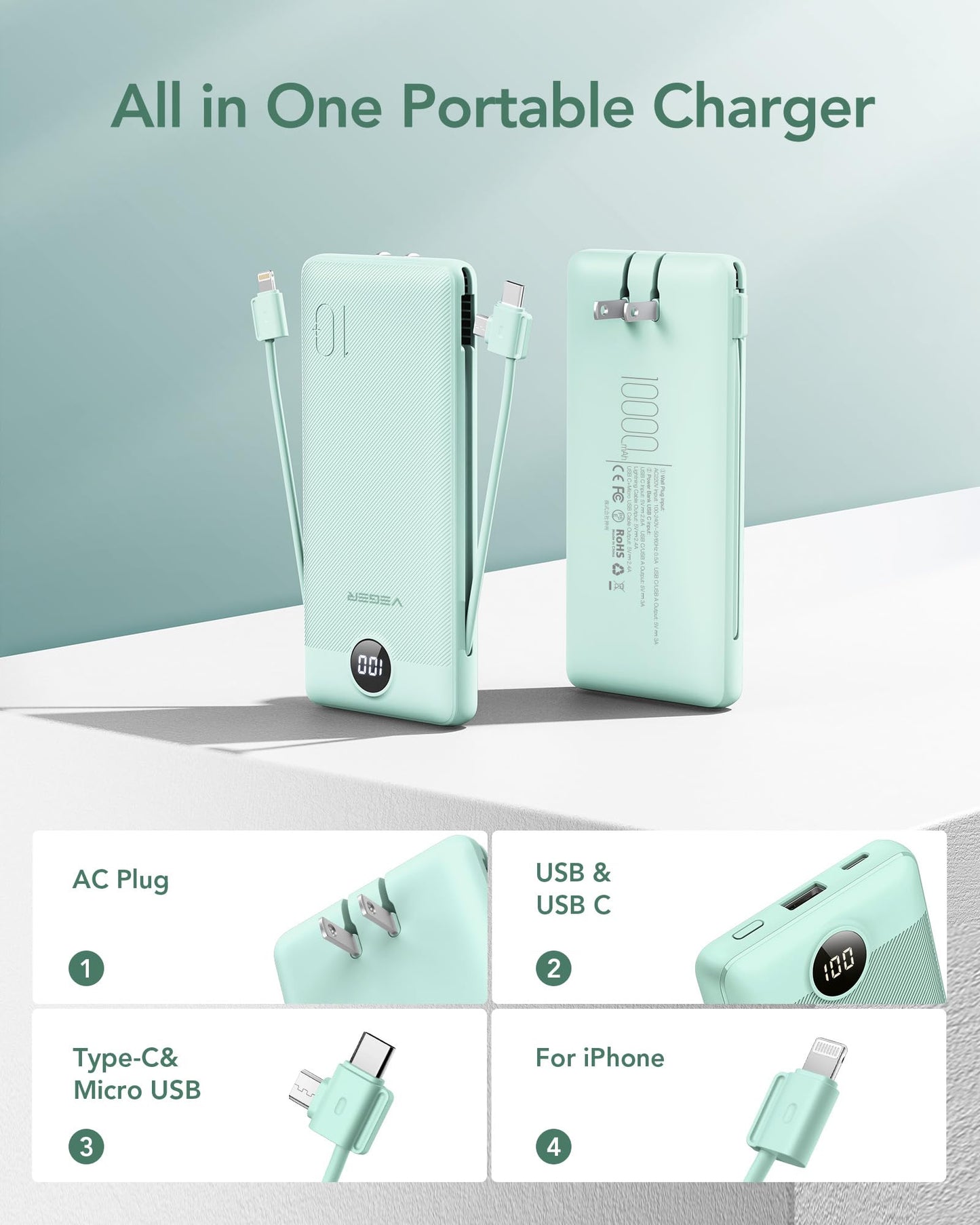 VEGER Portable Charger for iPhone with Built in Cables and Wall Plug, 10000mah Slim Fast Charging USB C Power Bank, Travel Essential Battery Pack Compatible with iPhone, iPad, Samsung etc(Green)