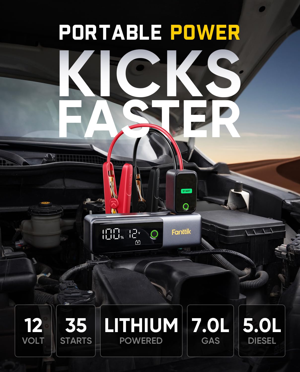 Fanttik Potent T10 1800A Portable Jump Starter, 12000mAh Power Bank, 12V Safe Lithium Jump Box with Smart SenseClamp, Retractable Charging Cable, Battery Booster for 7.0L Gas and 5.0L Diesel Engines
