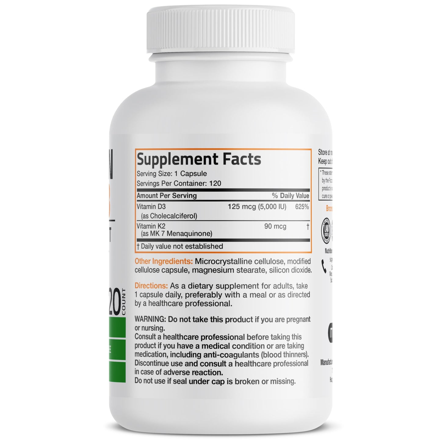 Bronson Vitamin K2 (MK7) with D3 Supplement Non-GMO Formula 5000 IU Vitamin D3 & 90 mcg K2 MK-7 Easy to Swallow D & K Complex, 120 Capsules