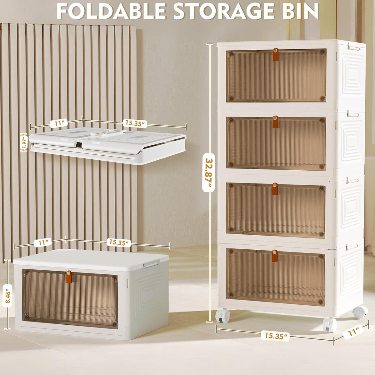 YFXCVSL 4 Tier Plastic Storage Bins with Lid 24QT, Stackable Storage Containers with Wheels, Folding Storage Boxes, Collapsible Storage Bins, Closet Organizers and Storage for Living Room,Office,Dorm