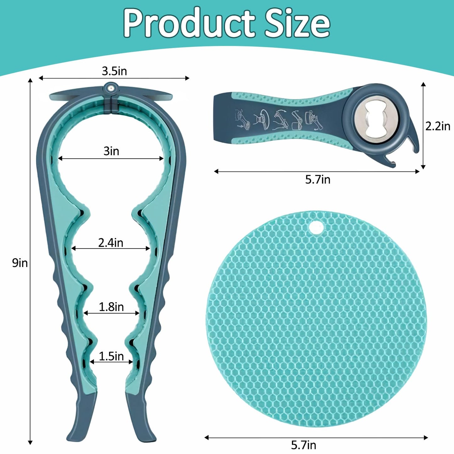 3-piece Jar Opener Gripper Set, 5 in 1 Multi-Function Bottle Lid Opener for Arthritic Hands with Non Slip Rubber Jar Opener Gripper Pad