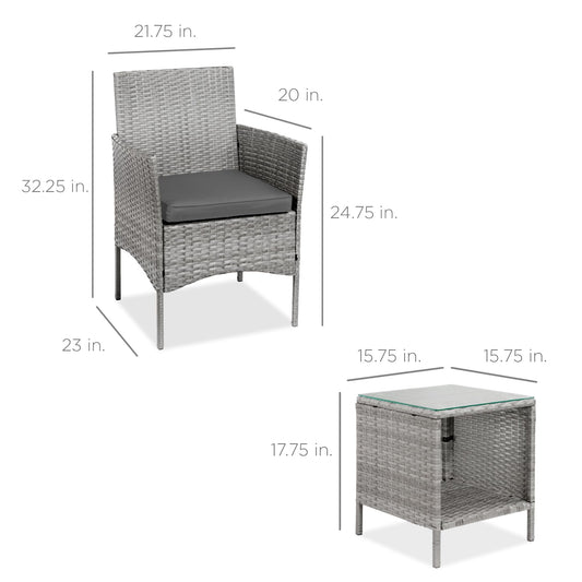 Best Choice Products 3-Piece Outdoor Wicker Conversation Bistro Set, Space Saving Patio Furniture for Garden w/Side Table - Gray/Gray