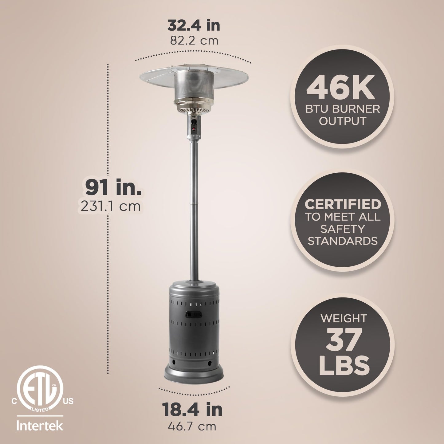 Amazon Basics 46,000 BTU Outdoor Propane Patio Heater with Wheels, Commercial & Residential, 13489.74 watts, Slate Gray, with water tank, 32.1 x 32.1 x 91.3 inches (LxWxH)