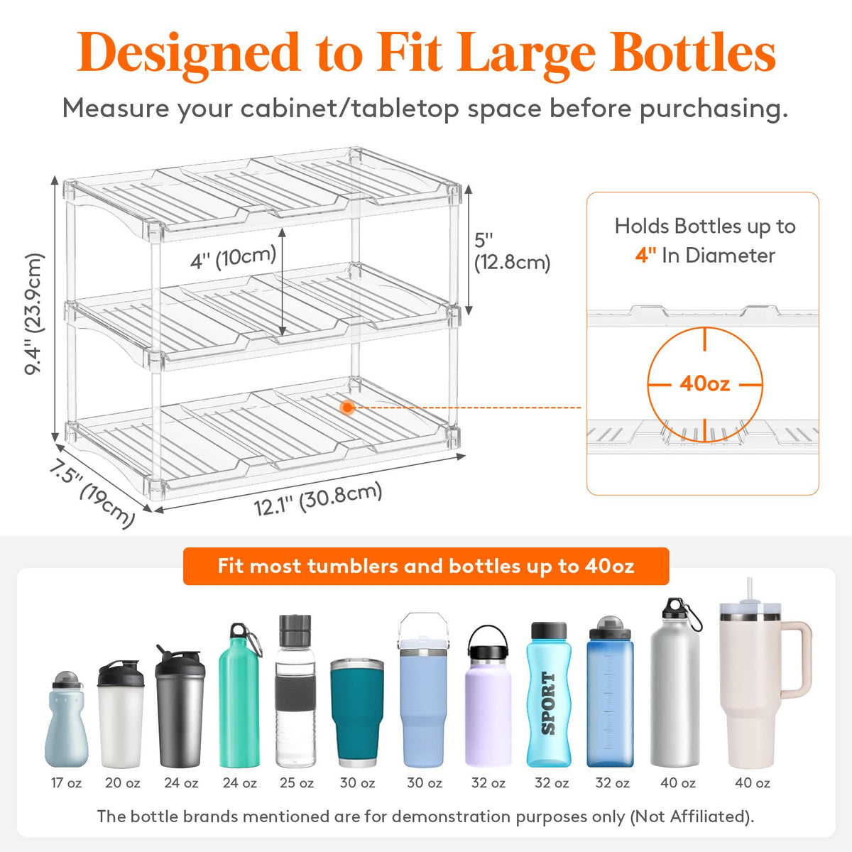 Lifewit Stackable Water Bottle Storage Organizer, Clear Freestanding Wine Bottle Holder for Cabinet, Tumbler Cup Organizer, Plastic Large Compartment Wine Rack for Fridge Cellar, 3Tier Hold 9