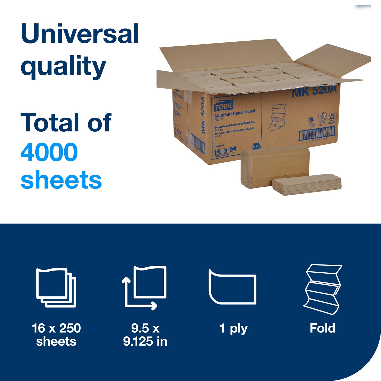 Tork Multifold Hand Towel, Natural, 100% recycled, FSC certified, Compatible with H2 Dispensers, 16 packs x 250 sheets (MK520A)
