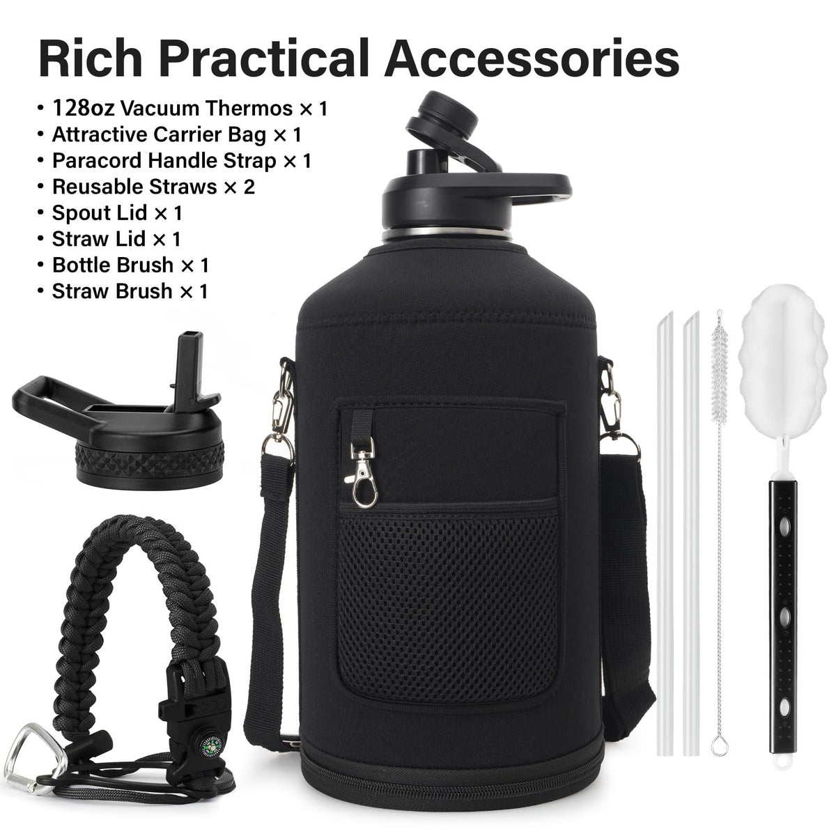 DYSANKY 1 Gallon Water Bottle Insulated | Thickened Stainless Steel Vacuum Metal Water Jug | Portable Sports Large Thermos for Gym and Hiking with Straw, Carrier Bag, Handle Strap | BPA-Free 128 oz