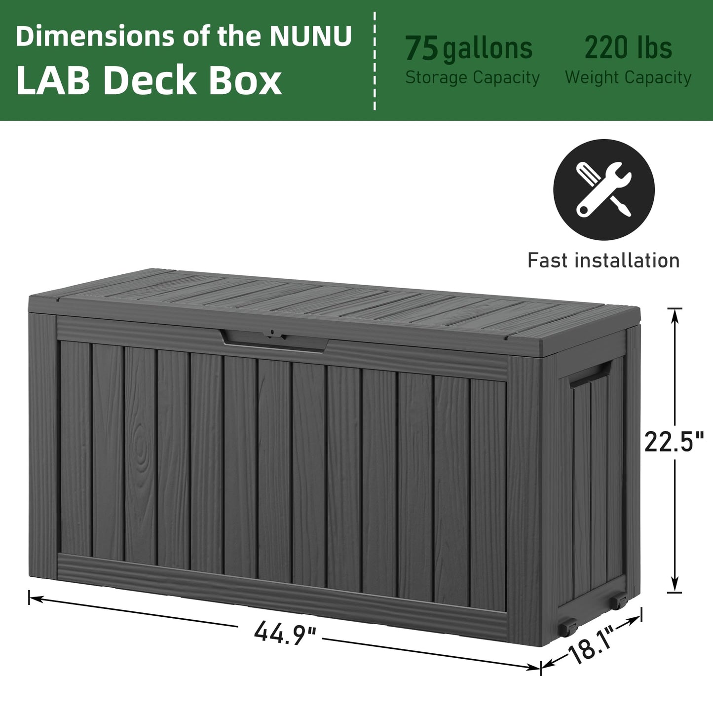NUNU LAB 75 Gallon Outdoor Storage Box,Large Resin Sturdy Deck Box, Backyard Outside Storage Box Waterproof with Double Wall Panels,Package Delivery Garden Hose Storage Bin Outdoor Tool