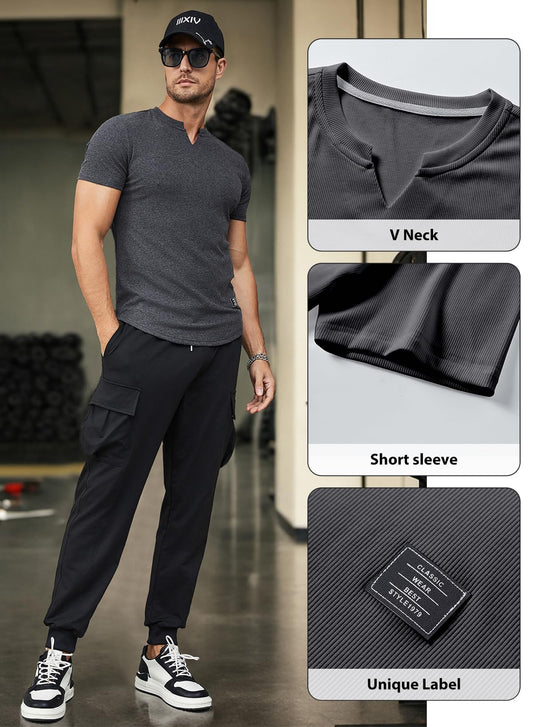 JMIERR Mens 2 Pack V-Neck Muscle Slim Henley Shirt Workout Gym Athletic Shirt Summer Fashion Short Sleeve Shirt for Men, M
