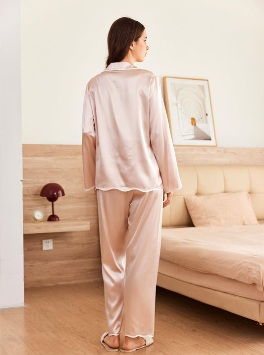 Ekouaer Silk Long Sleeve Pajamas Satin Button Down PJS Ruffle PJ Sets 2 Piece Loungewear Gift for Women Champagne Large