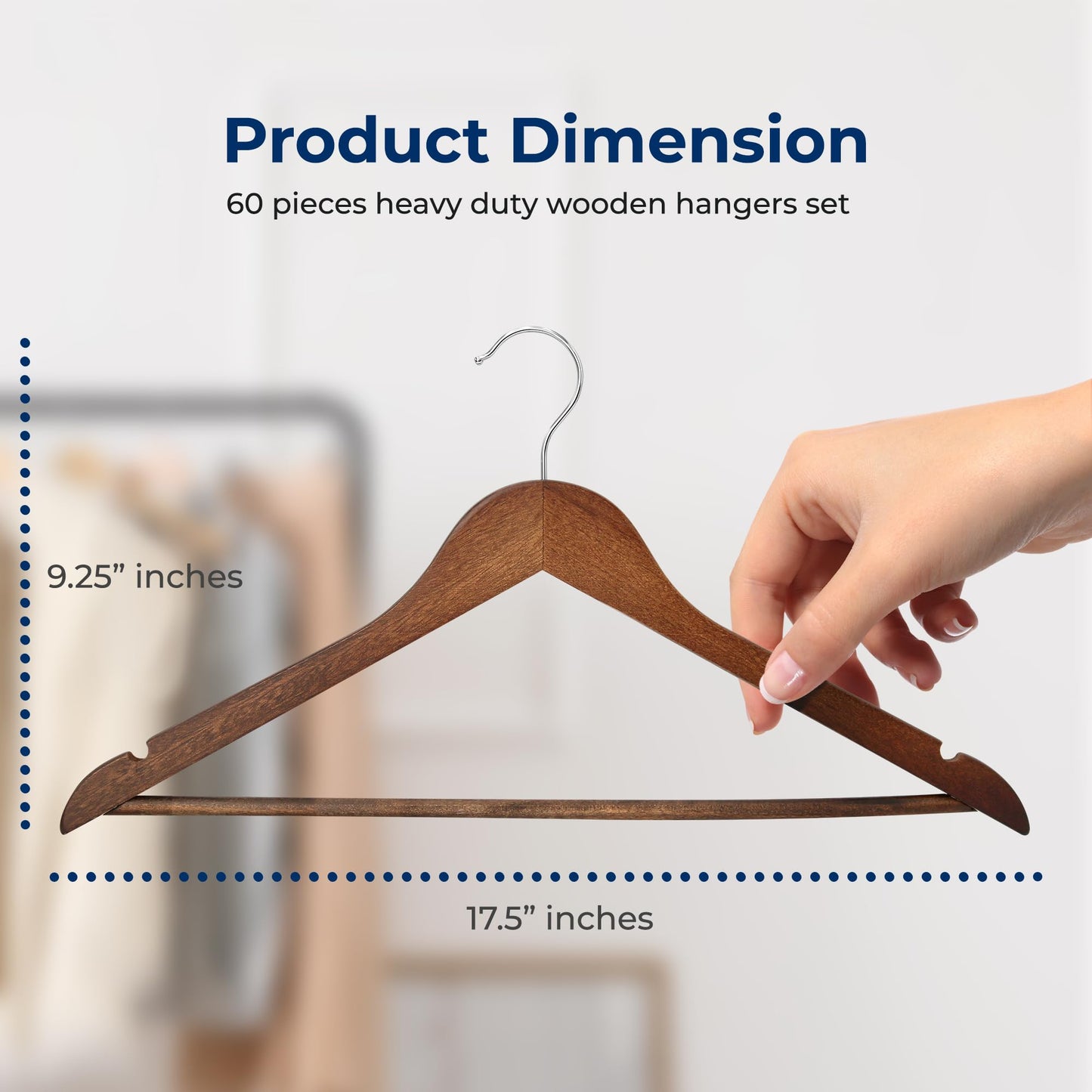 SereneLife 60-Pack Vintage Wooden Suit Hangers – Heavy-Duty, Non-Slip Clothes Hanger Set with 360° Chrome Swivel Hook & Notches – Solid Wood Coat Hangers for Suits, Jackets, Dresses & More