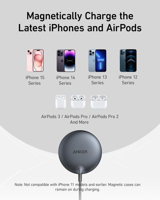 Anker MagSafe Charger Pad Compatible, MagGo iPhone 16 Wireless Charging Pad, Qi2 Certified 15W Wireless Charger for iPhone 16/16 Plus/16 Pro/16 Pro Max/15/14/13/12 Series (Black, No Adapter)