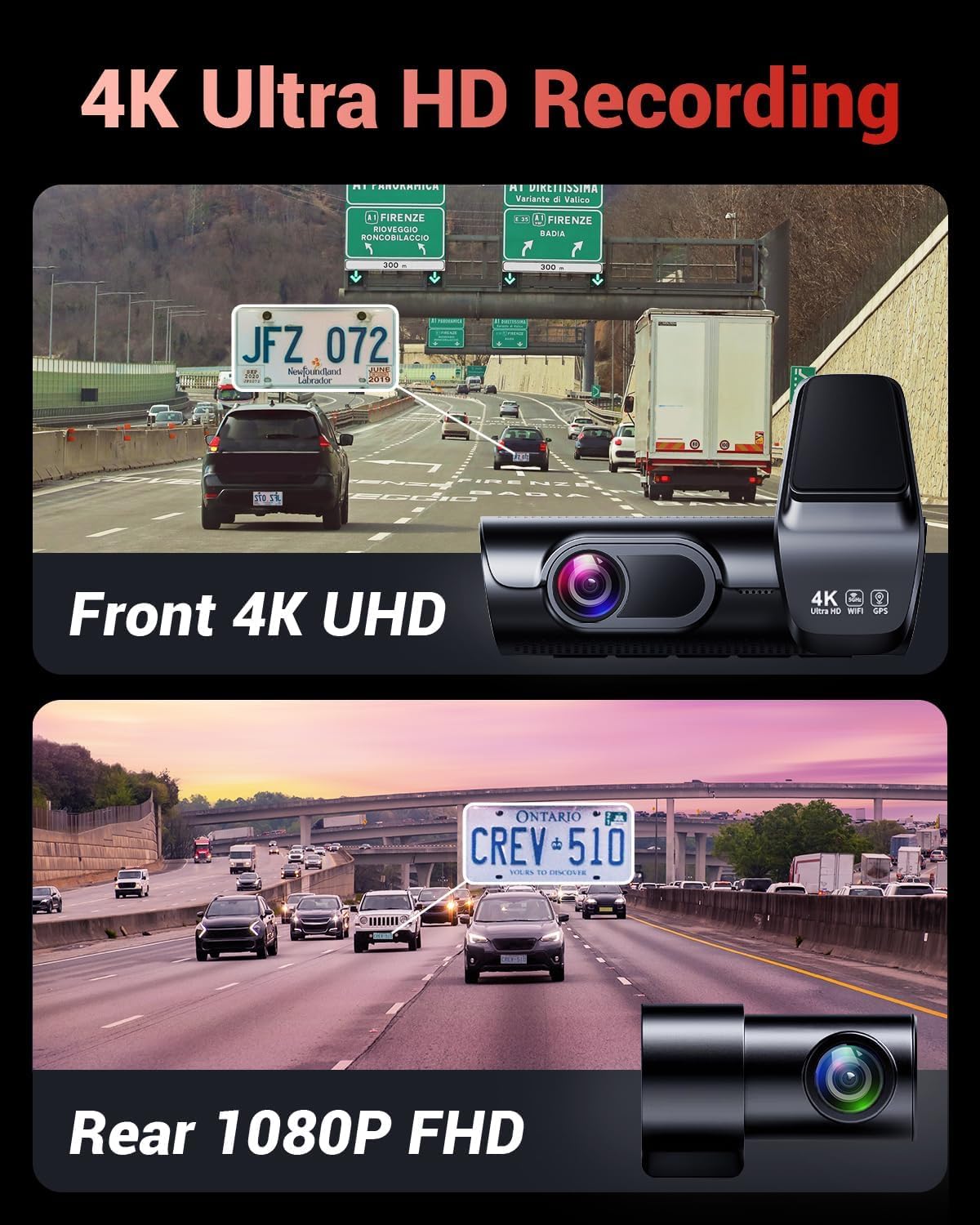 OVAMAN K600 4k Dash Cam Front and Rear, 3.59" IPS Screen, Built-in GPS 5G WiFi Dash Camera for Cars with App, UHD 2160P Night Vision Free 32G SD Card, 170° Wide Angle, HDR, 24H Parking Mode