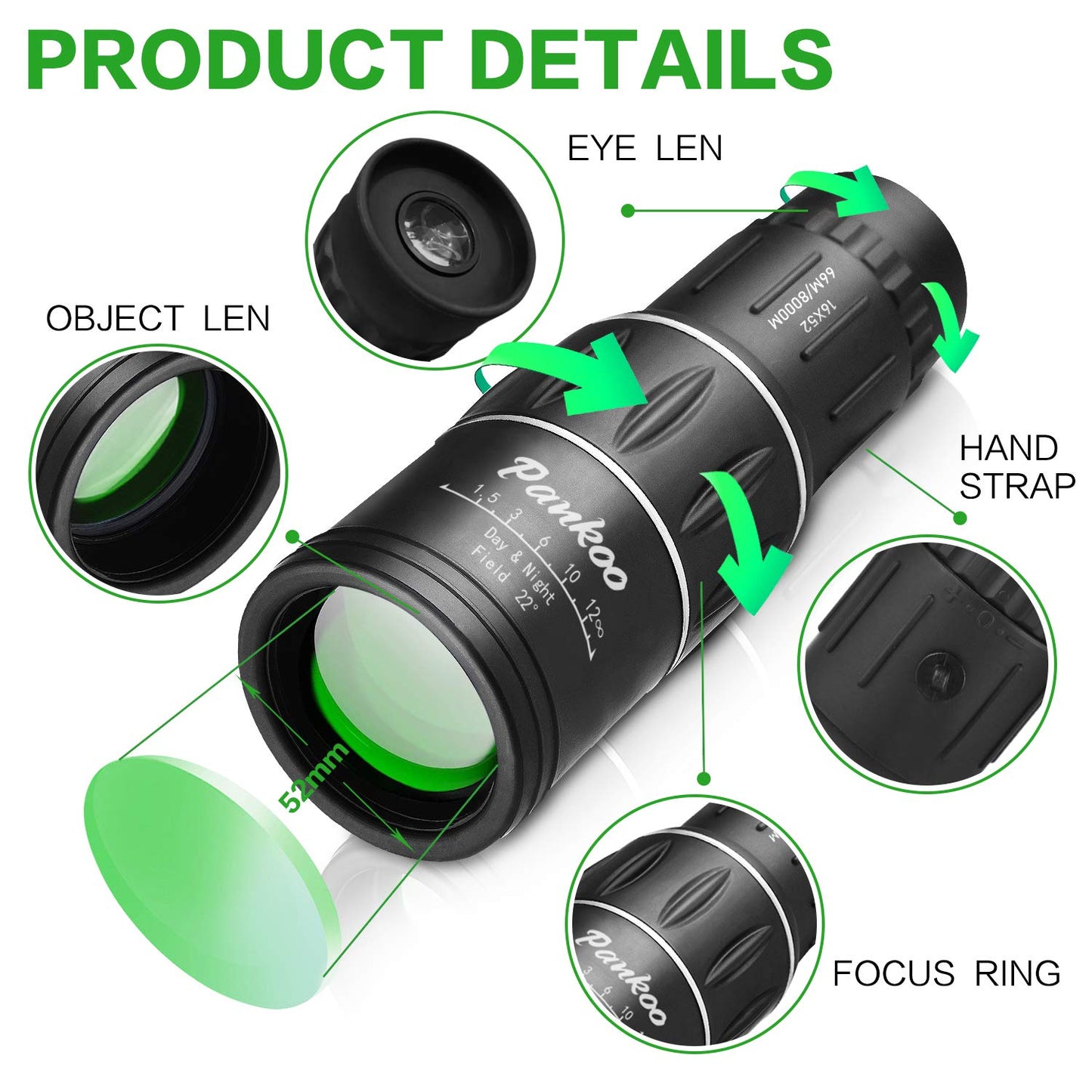 16X52 High Definition Monocular Telescope - Powerful Compact Monoculars for Adults and, Ideal for Bird Watching, Hiking, Concerts, and Travel