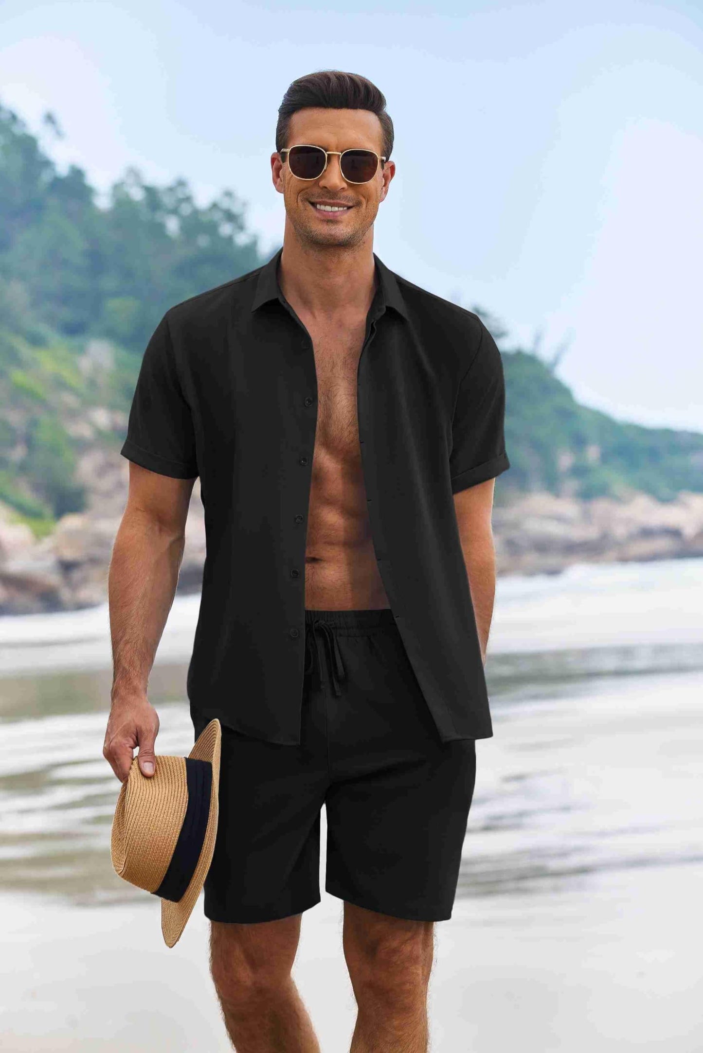 COOFANDY Mens Beach Set 2 Piece Linen Outfit for Men Short Sets, Black, X-Large