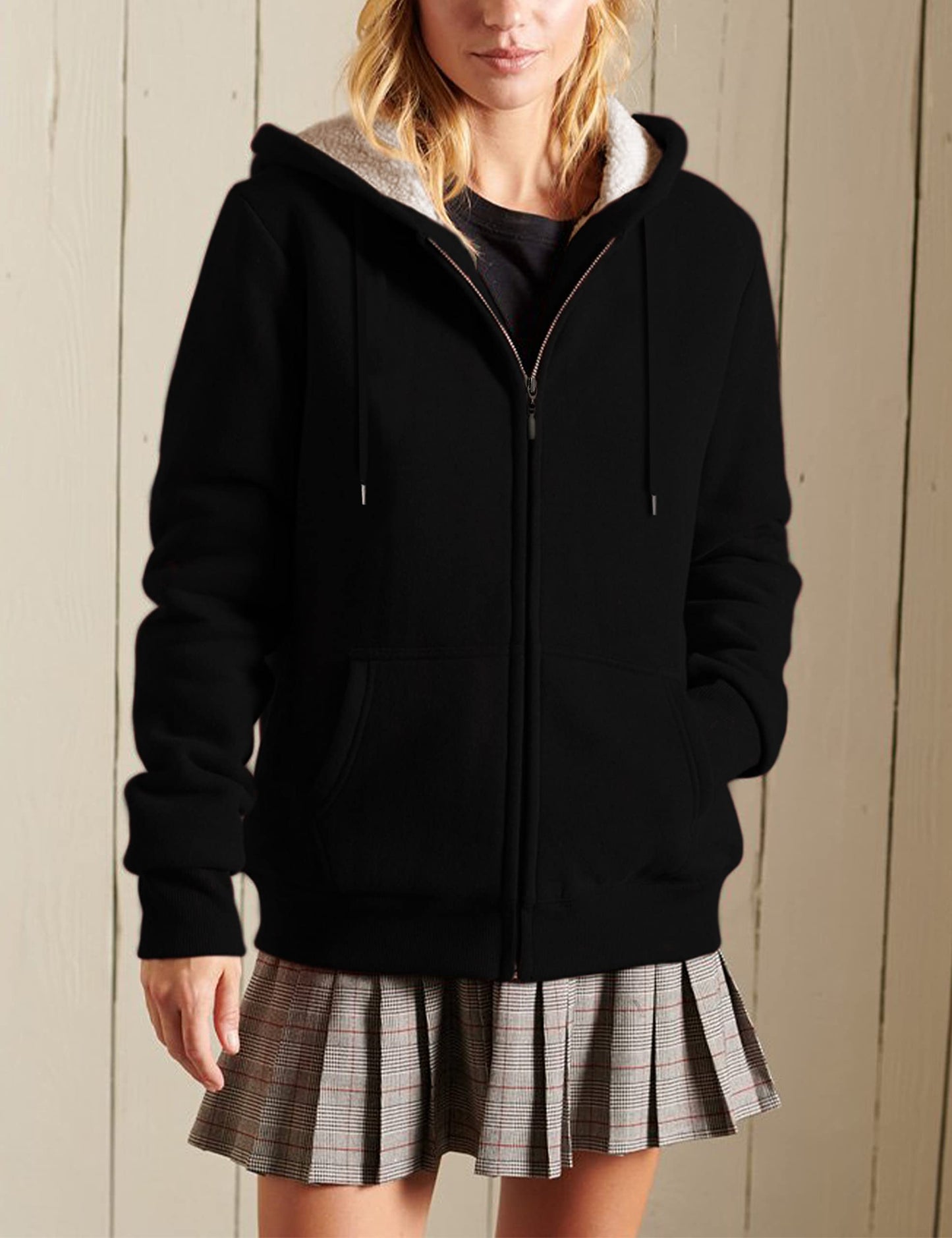 Yeokou Women's Casual Full Zip Up Sherpa Lined Hoodie Sweatshirt Jacket Coat (XX-Large, Black001)