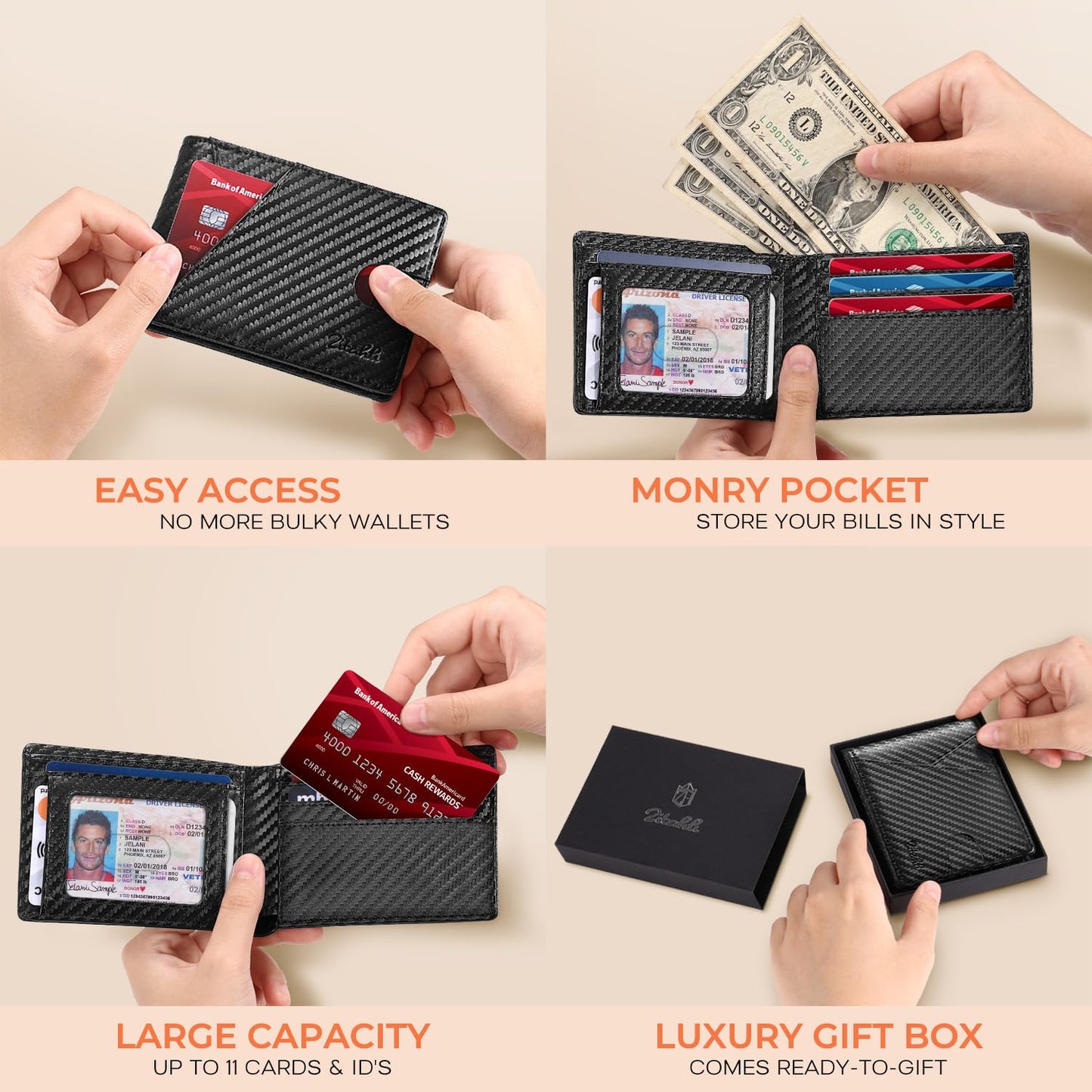 Zitahli Wallet for Men Slim 11 Credit Card Holder RFID Blocking Small Men's Wallet Bifold Minimalist Front Pocket With Mens Gifts Box