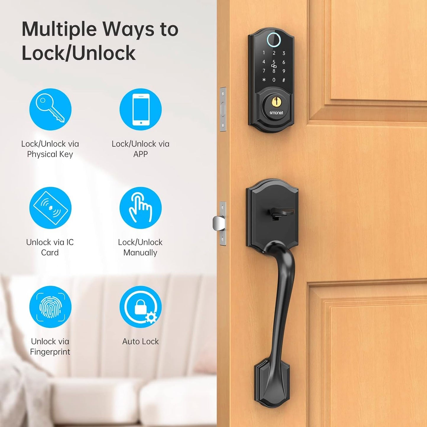 SMONET Smart Fingerprint Deadbolt Front Door Lock with Handle - Keyless Entry, Bluetooth, Digital Keypad, Auto Lock, Works with Alexa - Black
