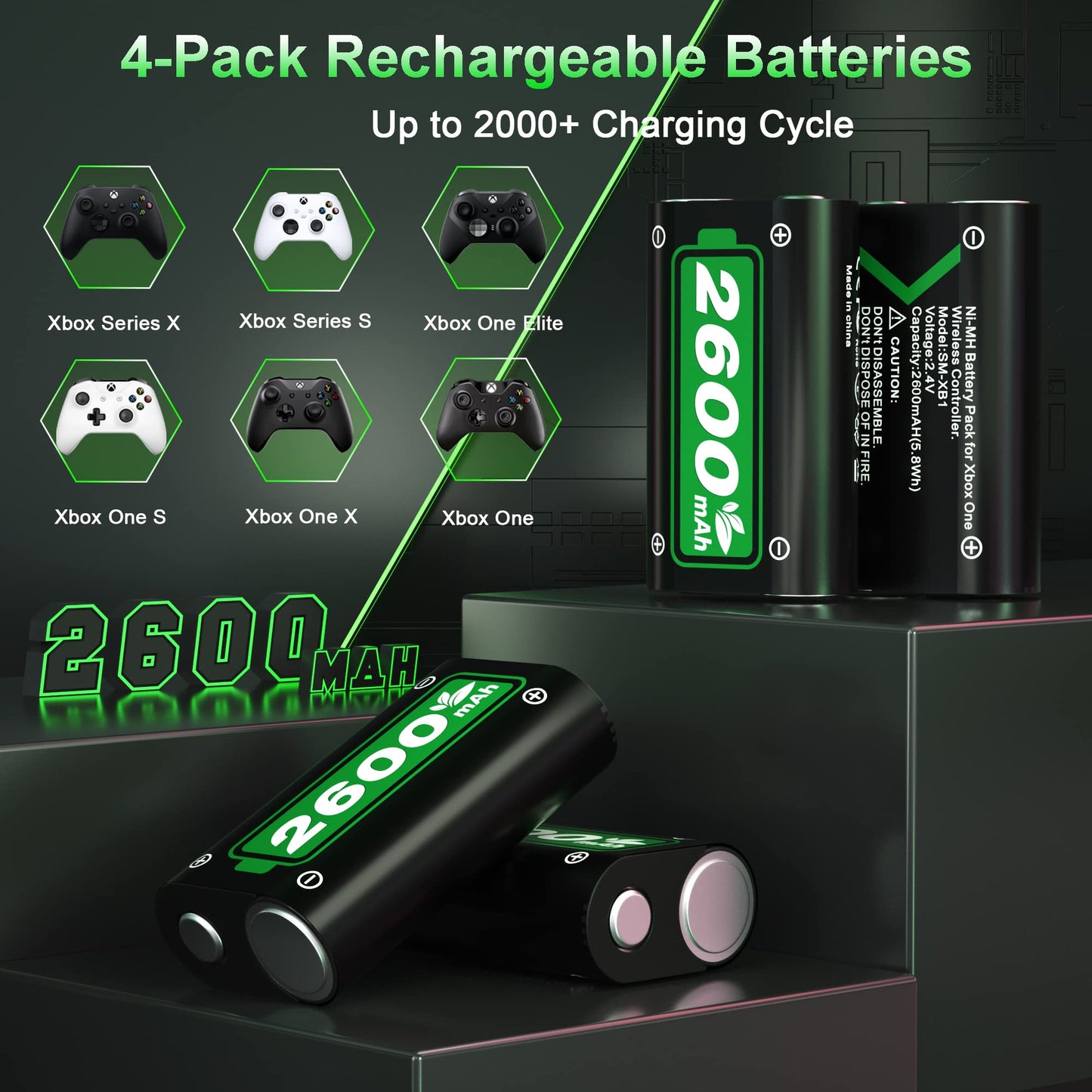 Rechargeable Battery Packs for Xbox Series X|S/Xbox One, Ponkor 4x2600mAh Batteries with High-Speed Charging Station for Xbox One S/Xbox One X/Xbox One Elite Controller