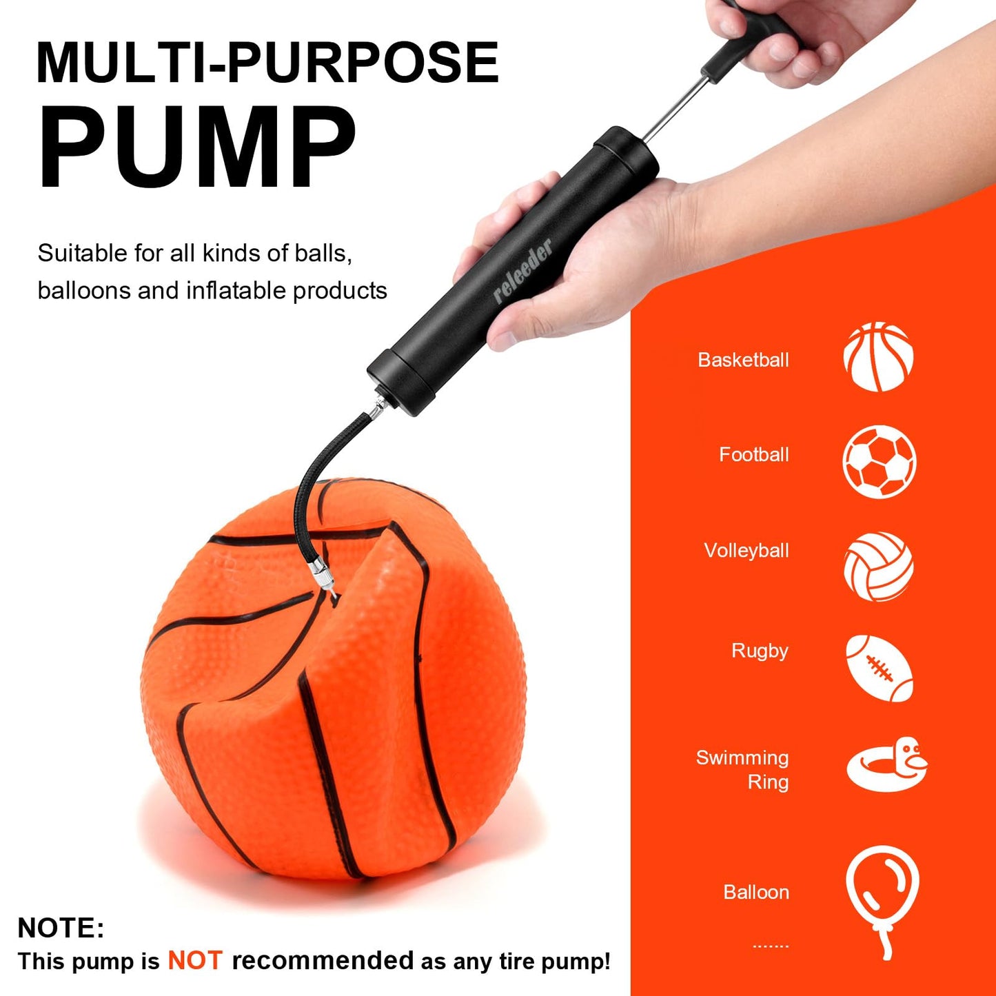 10 Inch Ball Pump Kit, Basketball Pump, Portable Air Pump with 5 Needles, 1 Nozzle & Extension Hose for Soccer Football Volleyball Water Polo Rugby Exercise Sports Ball