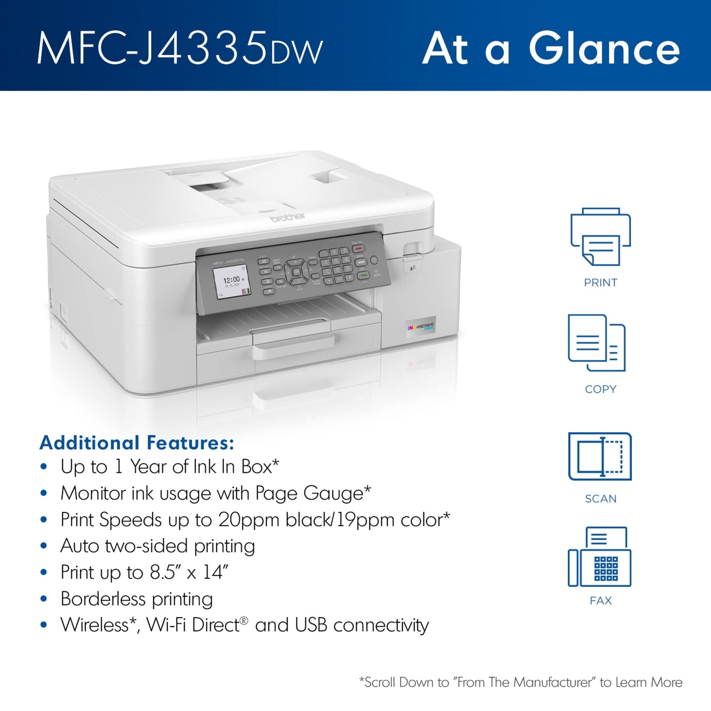 Brother MFC-J4335DW INKvestment Tank Wireless All-in-One Color Inkjet Printer, Up to 1-Year of Ink in-Box, Duplex Printing, Mobile and Cloud Print, Works with Alexa