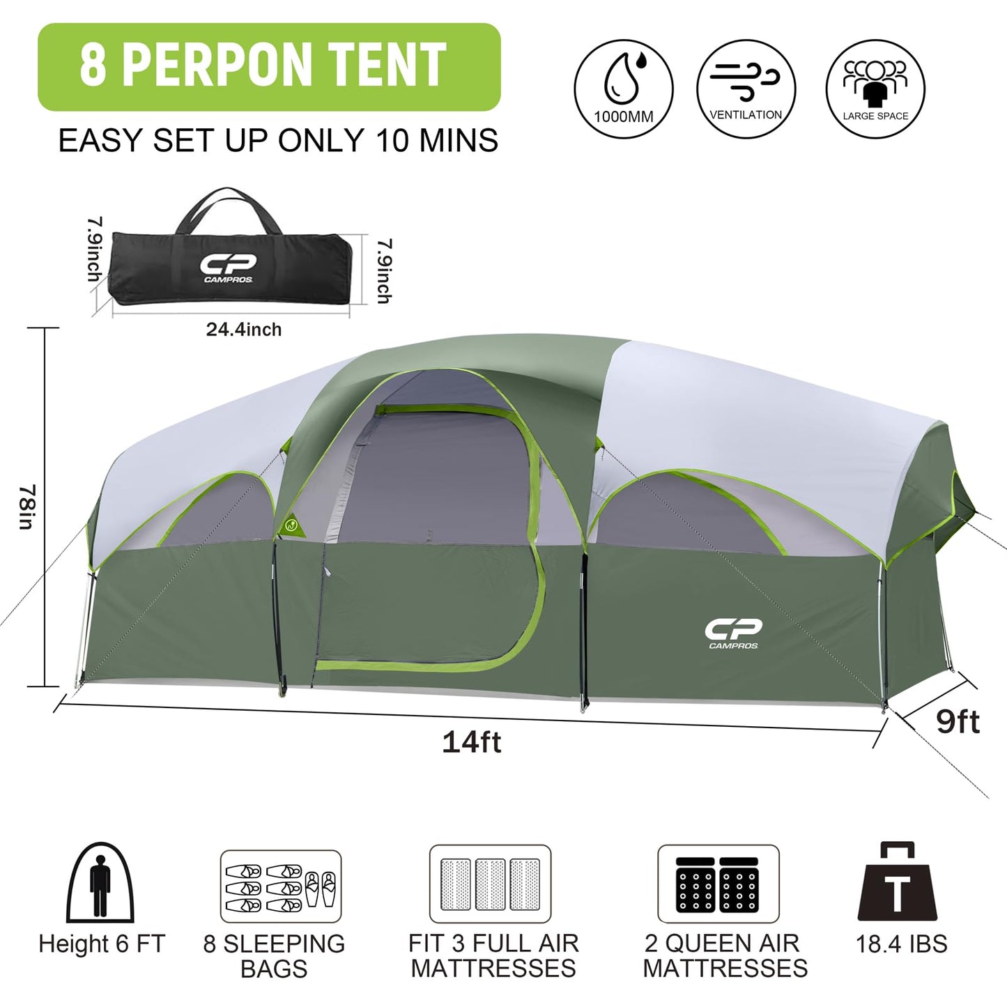 CAMPROS CP Tent 8 Person Camping Tents, Weather Resistant Family Tent, 5 Large Mesh Windows, Double Layer, Divided Curtain for Separated Room, Portable with Carry Bag