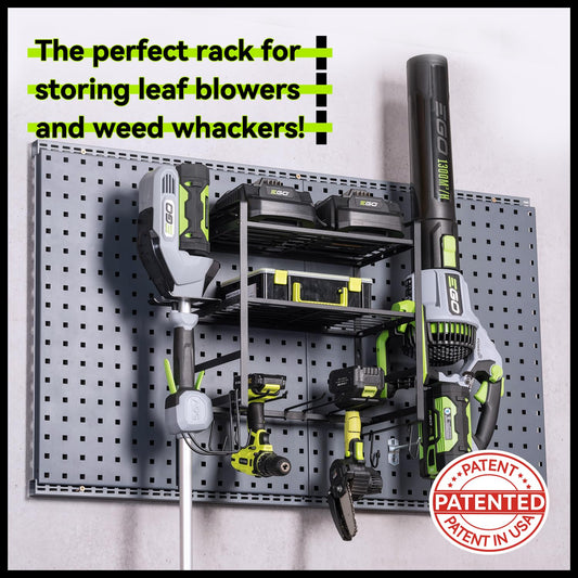 KAFAHOM Leaf Blower and Weed Eater Rack, Lawn Power Tool Organizer Wall Mount, Lawn Tool Storage Rack for Leaf Blower, Weed Eater, Battery, Charger,3-Tier Black