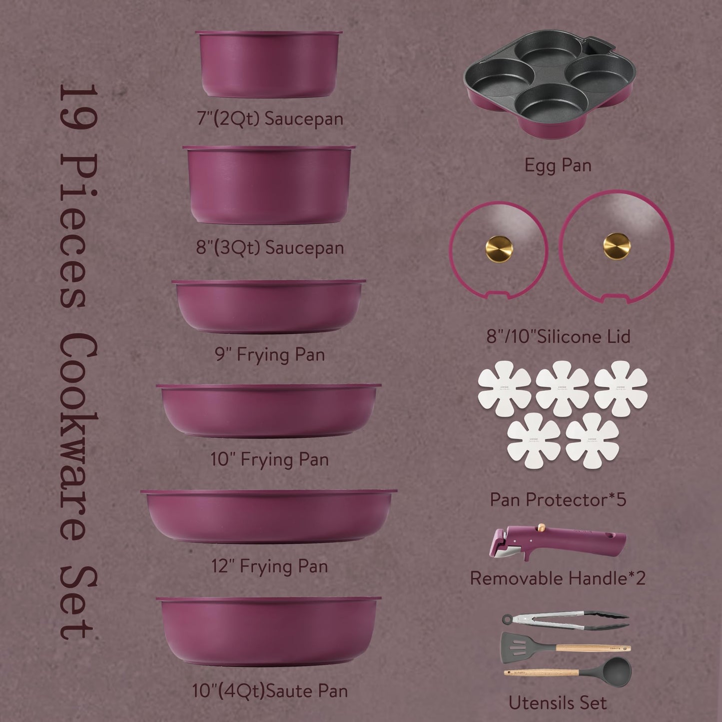 CAROTE 19pcs Pots and Pans Set, Nonstick Cookware Set Detachable Handle, Induction Kitchen Cookware Sets Non Stick with Removable Handle, RV Cookware Set, Gold and Purple