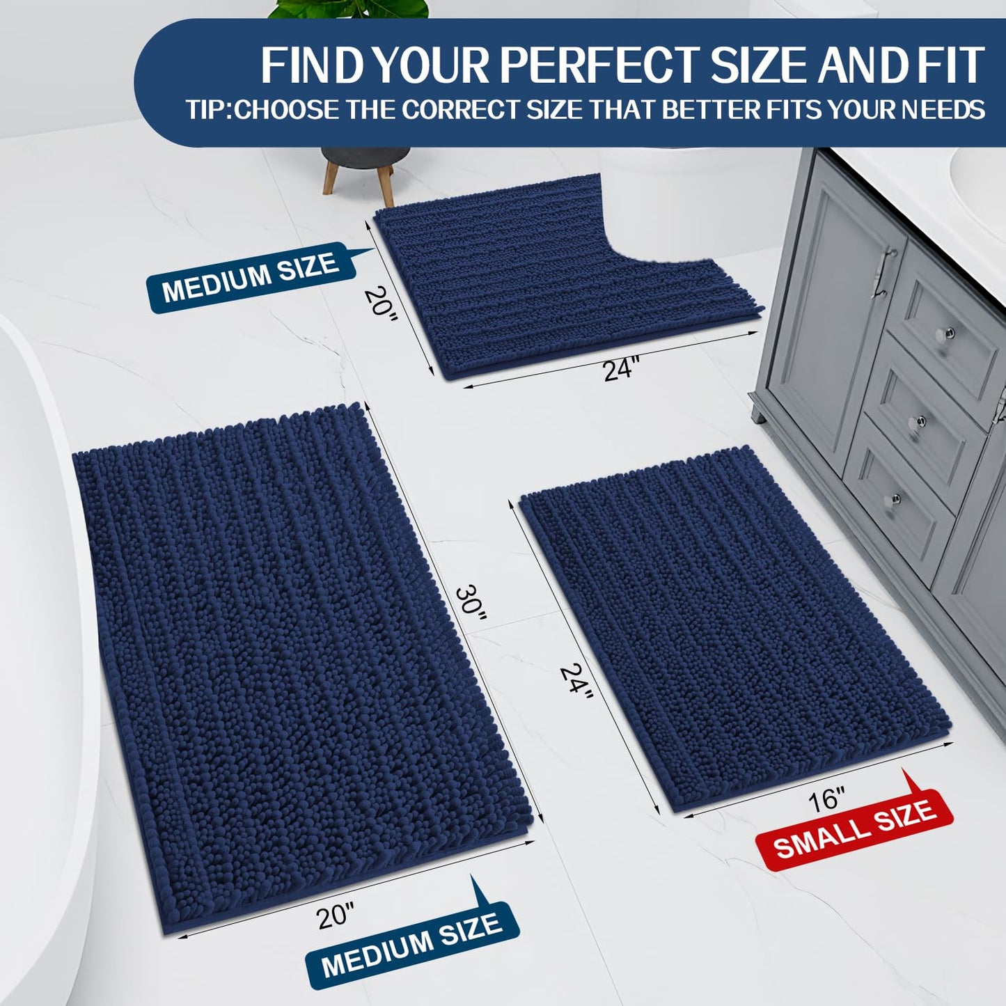 Arotive Luxury Chenille Bathroom Rug Mat, Extra Soft Thick Absorbent Shaggy Bath Rugs, Non-Slip Machine Wash Dry, Plush Bath Mats for Bathroom, Shower and Tub, 30x20, Navy