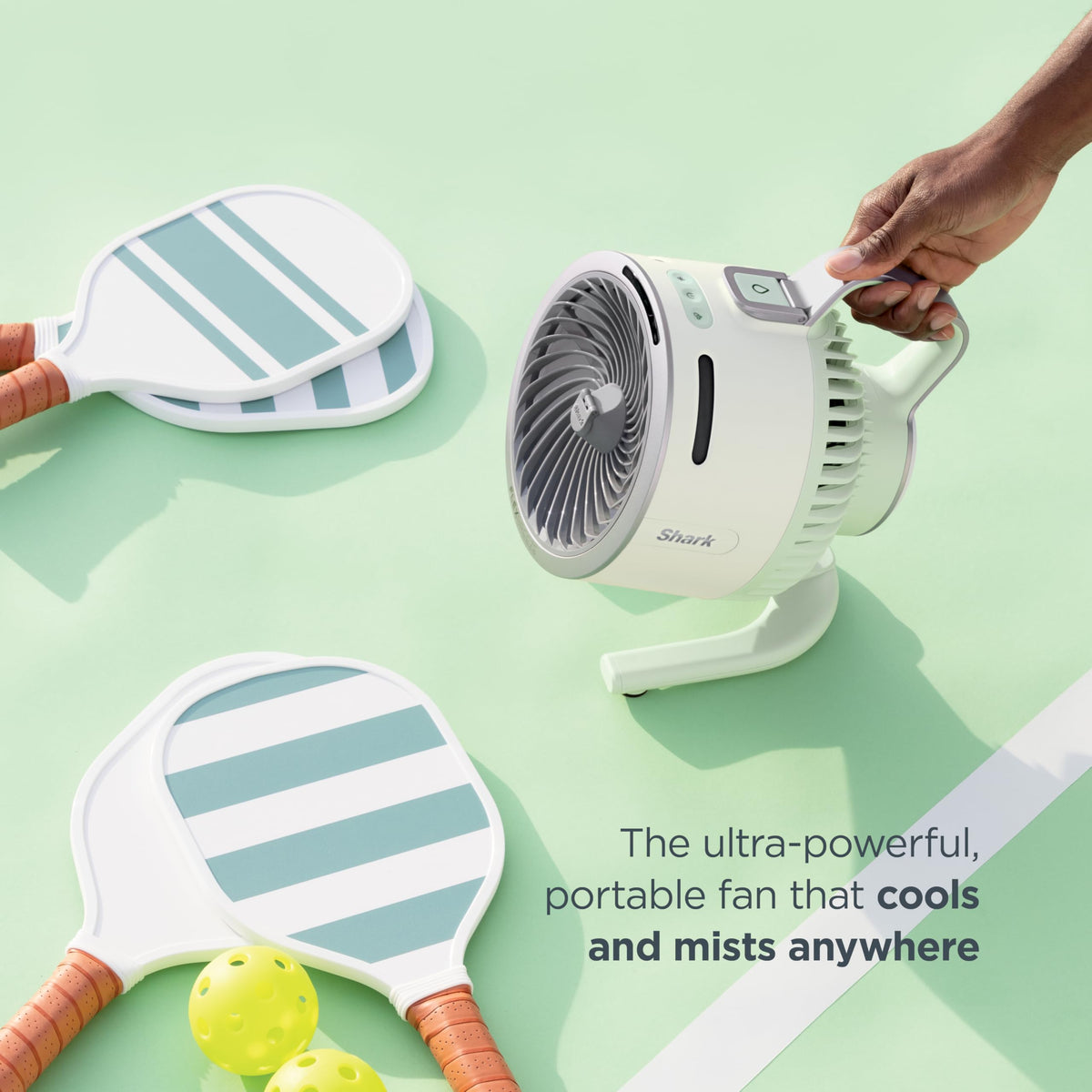 Shark FlexBreeze HydroGo Fan—Ultra-powerful portable fan with indoor + outdoor mist, Up to 70 feet of reach, corded & cordless, up to 12-hr. battery, 5 speeds, evaporative misting, Glacier, FA052BL