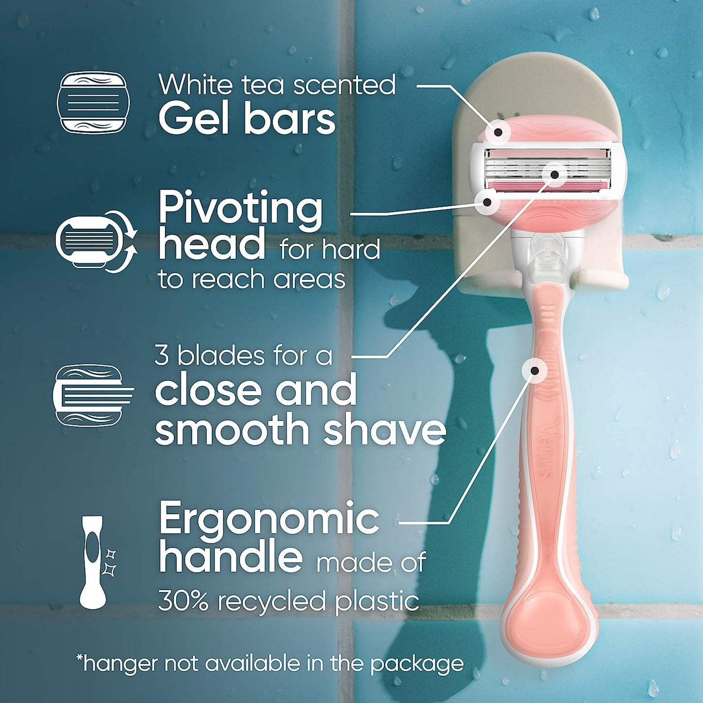 Gillette Venus ComfortGlide White Tea Women's Razor, Handle + 4 Blade Refills