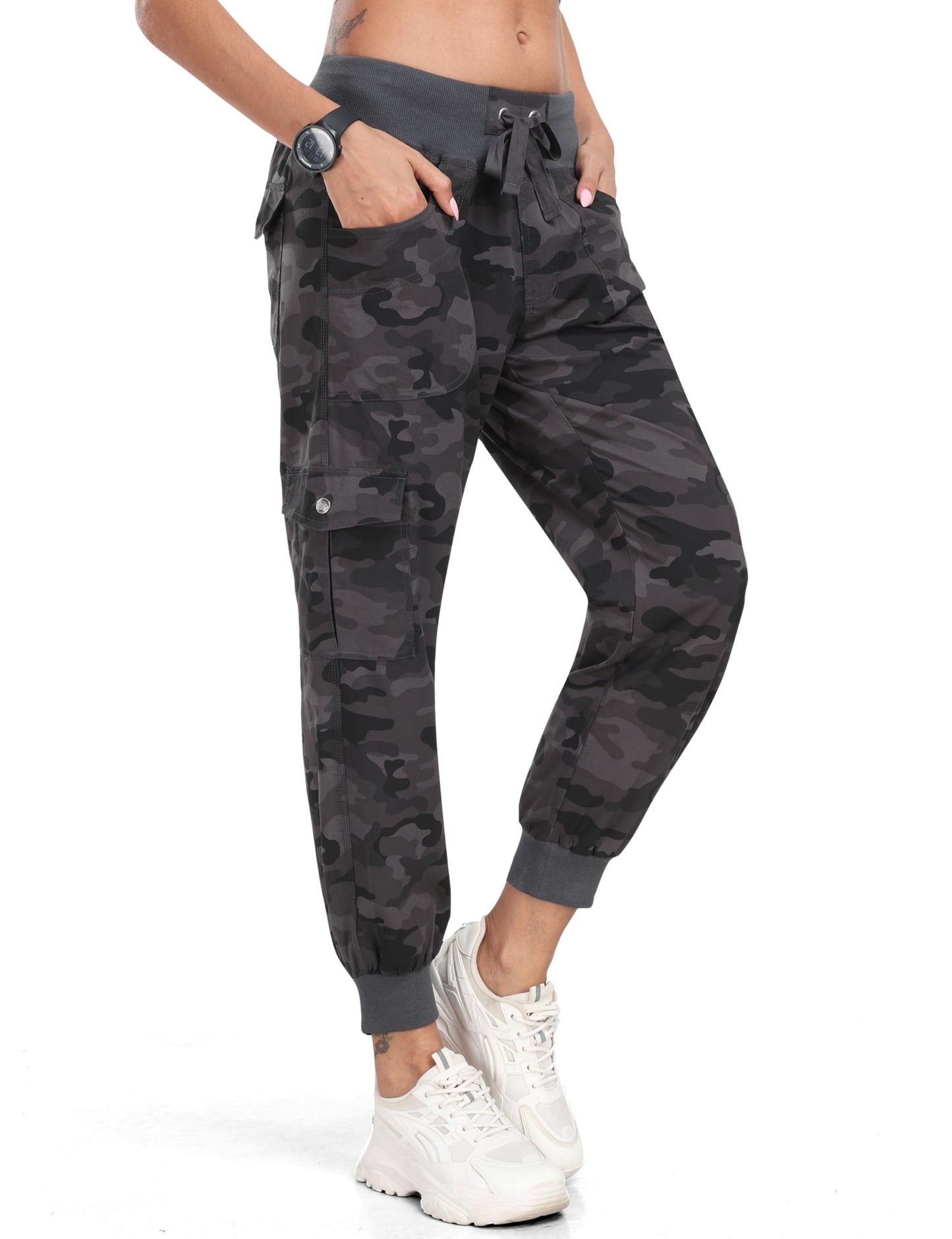 MoFiz Hiking Cargo Pants for Women with Pockets Lightweight Quick Dry Athletic Outdoor Summer Travel Casual Joggers Sweatpants Camouflage Dark Grey M