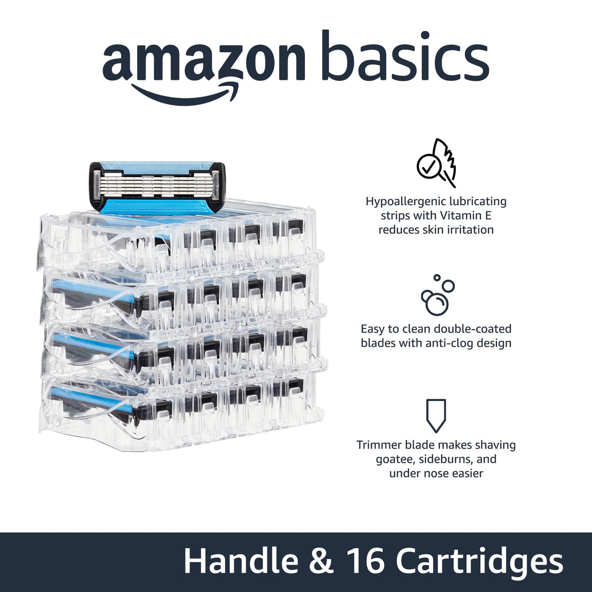 Amazon Basics 5-Blade MotionSphere Men's Razor with Dual Lubrication and Precision Trimmer, 17 Piece Set, 1 Handle & 16 Cartridges, Black