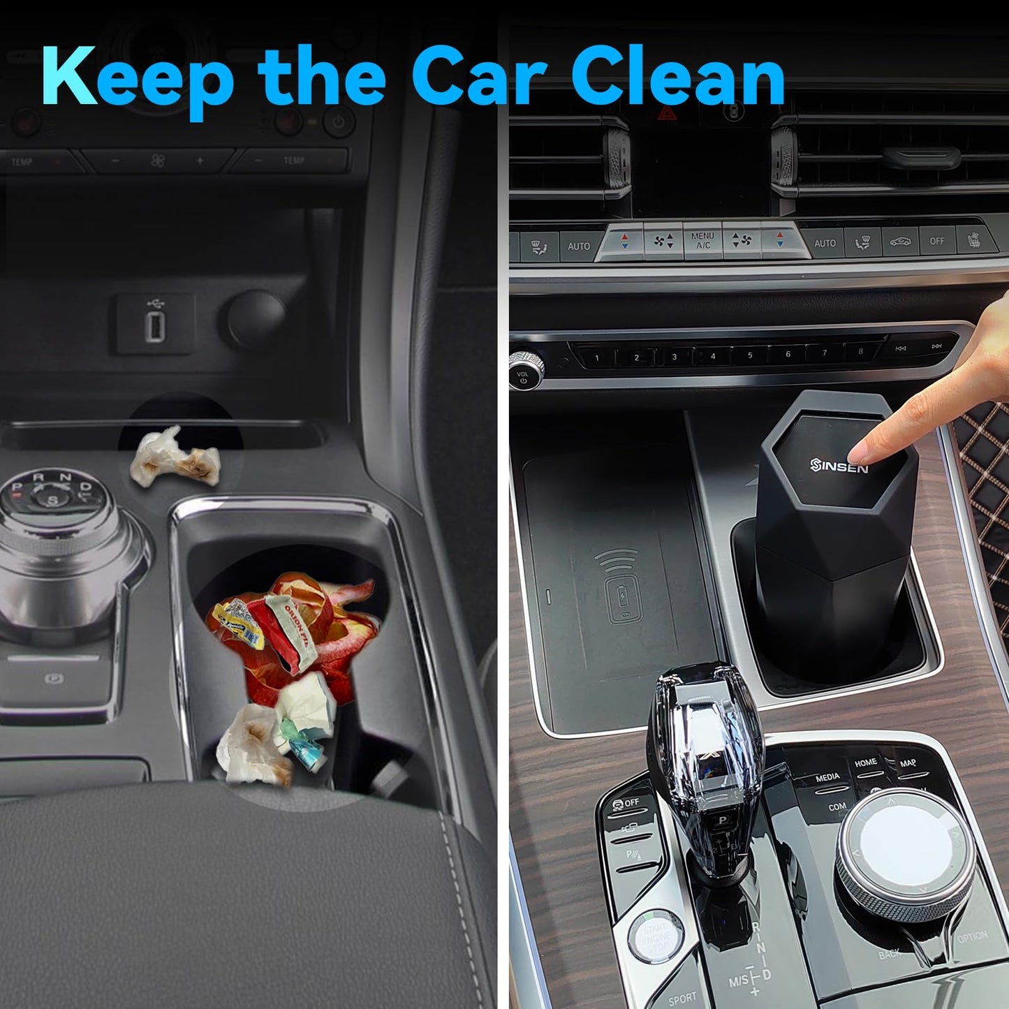 SINSEN Car Trash Can, Mini Garbage Bin with Lid, Car Door Trash Cans, Cup Holder Organizer Diamond Dustbin, 2PCS