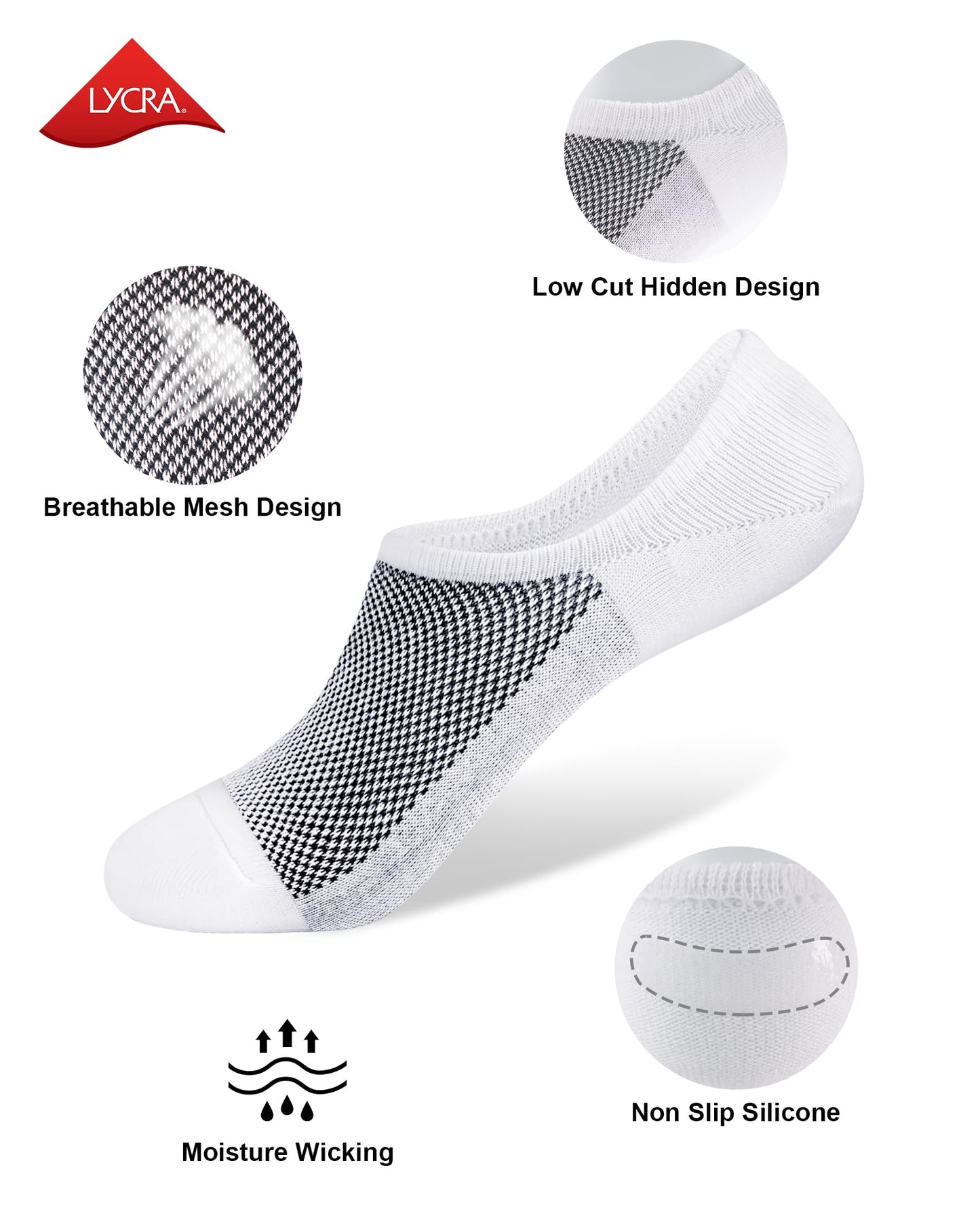 SIXDAYSOX Socks for Men No Show 8 Pairs Size 9-11 White Mesh Knit Low Cut Ankle Socks with Non Slip Grid for Flat Loafer Sneakers