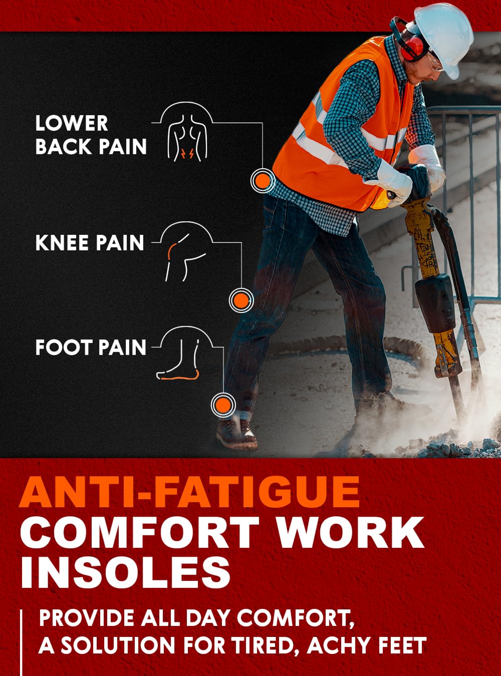 (New) Work Comfort Orthotic Insoles - Anti Fatigue Shoe Insert Men Women - Low Arch Support - Shock Absorption - Foot Pain Relief - Work Boot Insoles (Black Hexagons, L)