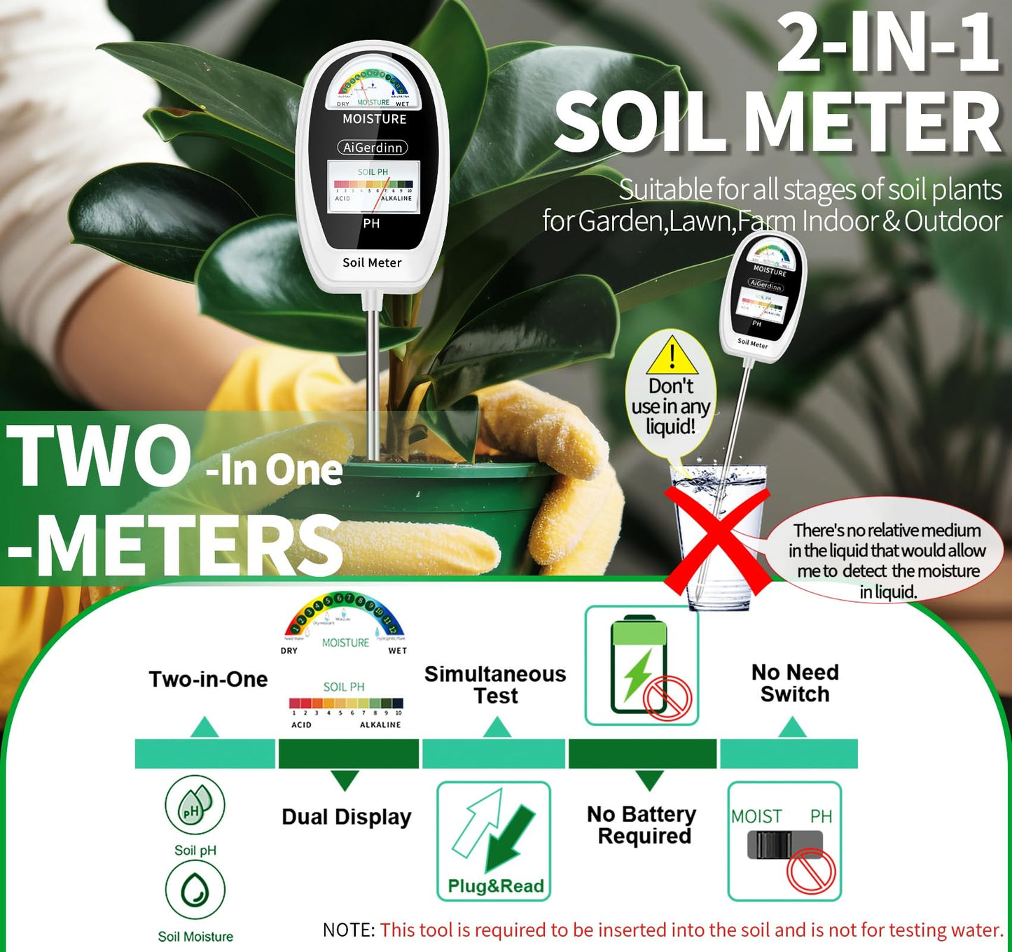 AiGerdinn Soil Test Kit, 2-in-1 Soil Moisture Meter, Soil pH Meter -Dual Dial-Simultaneously-Display Results-Soil pH Tester, Moisture Meter for Garden,Lawn,Farm Indoor&Outdoor Plants-PureWhite