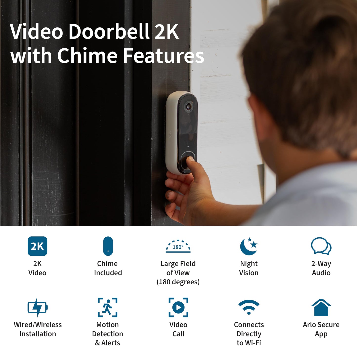 Arlo Video Doorbell 2K 2nd Generation & Chime 2 Bundle, 2K Doorbell Camera, 2-Way Audio, Package Detection, Motion Detection and Alerts, Built-in Siren, Night Vision, AVDK4001-100CNS, White