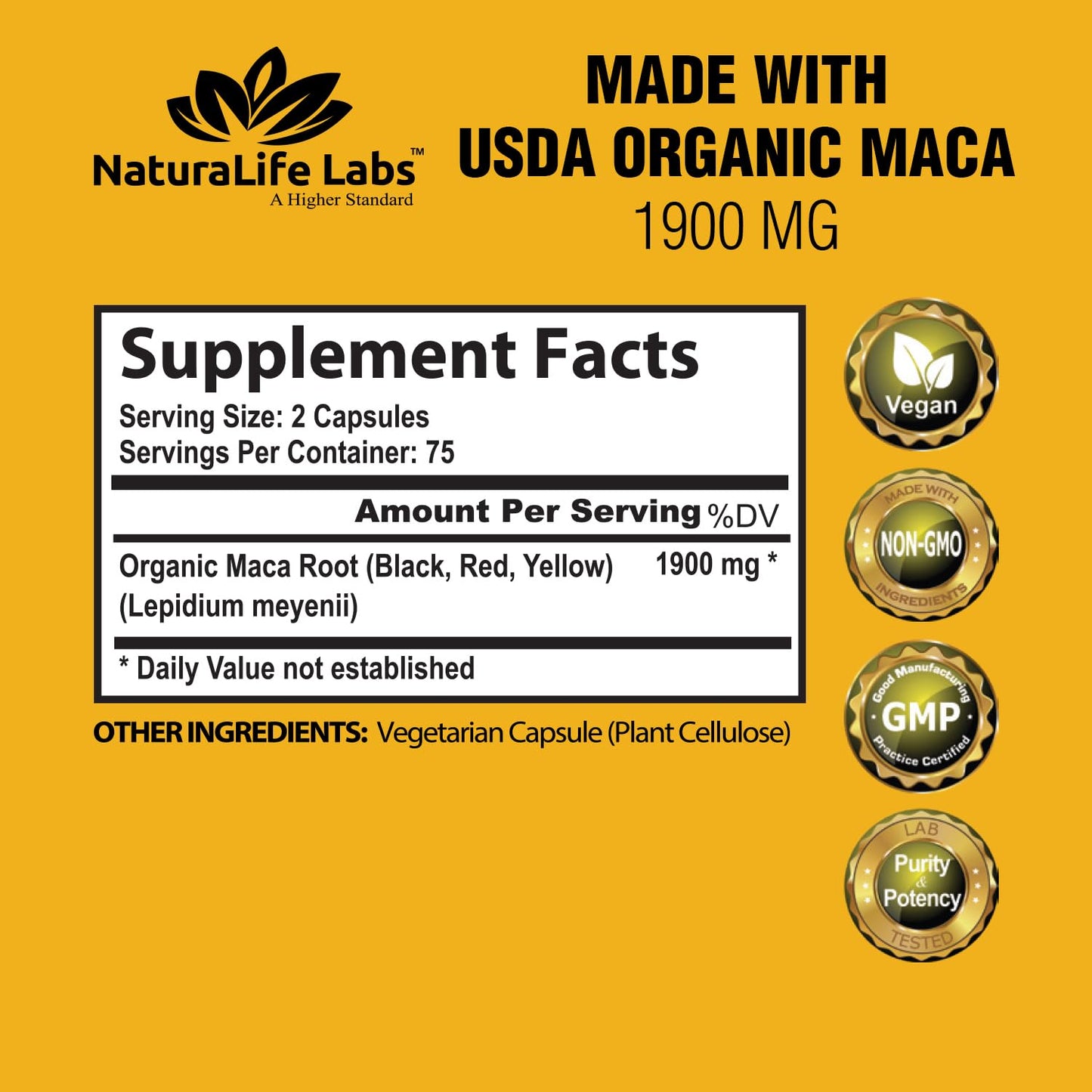 Organic Maca Root Black, Red, Yellow 1900 MG per Serving - 150 Vegan Capsules Peruvian Maca Root Gelatinized 100% Pure Non-GMO Supports Reproductive Health Natural Energizer