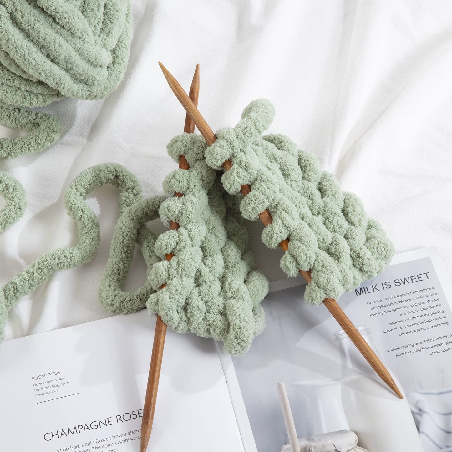 Hombys Sage Green Chunky Chenille Yarn for Crocheting and Knitting, Super Bulky Thick Fluffy Yarn for Hand Knitting Blanket, Soft Plush Yarn, 12 Jumbo Pack (27 yds, 8 oz Each Skein)