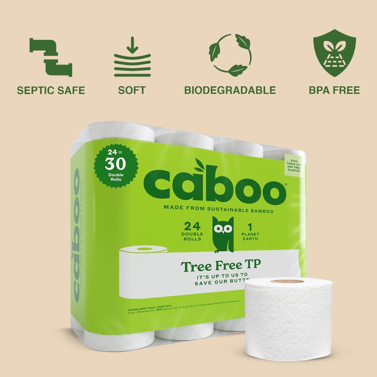 Caboo Tree Free Toilet Paper, Septic Safe Toilet Tissue, Chemical Free, Non Toxic, 2 Ply Bathroom Toilet Paper | Pack of 24 Double Rolls, 300 Sheets Per Roll