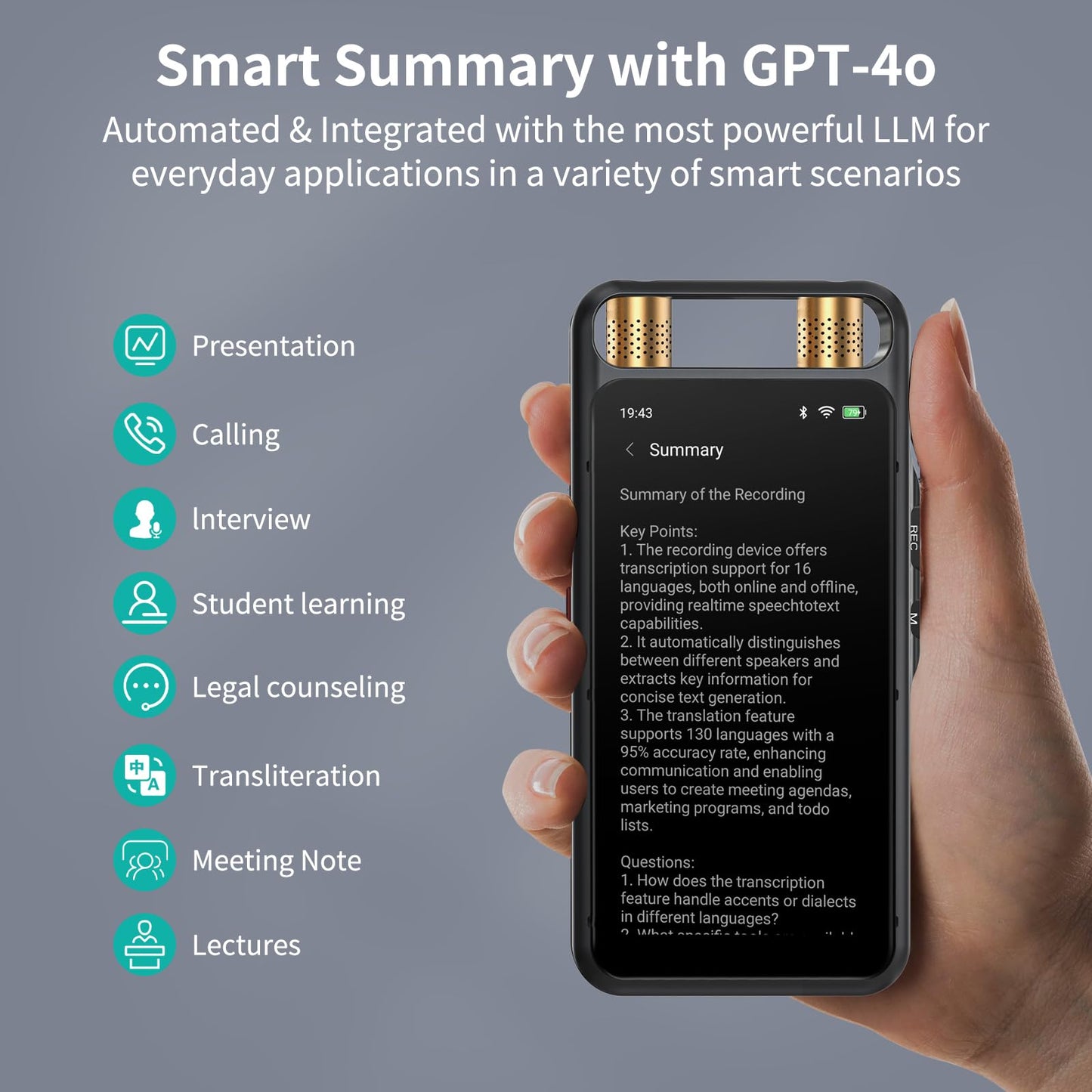AI Voice Recorder with Playback, Digital Voice Recorder with Transcription to Text, Summary, Translation, Full Touchscreen Recorder Device for Meetings, Lectures, Interviews with 64GB Card