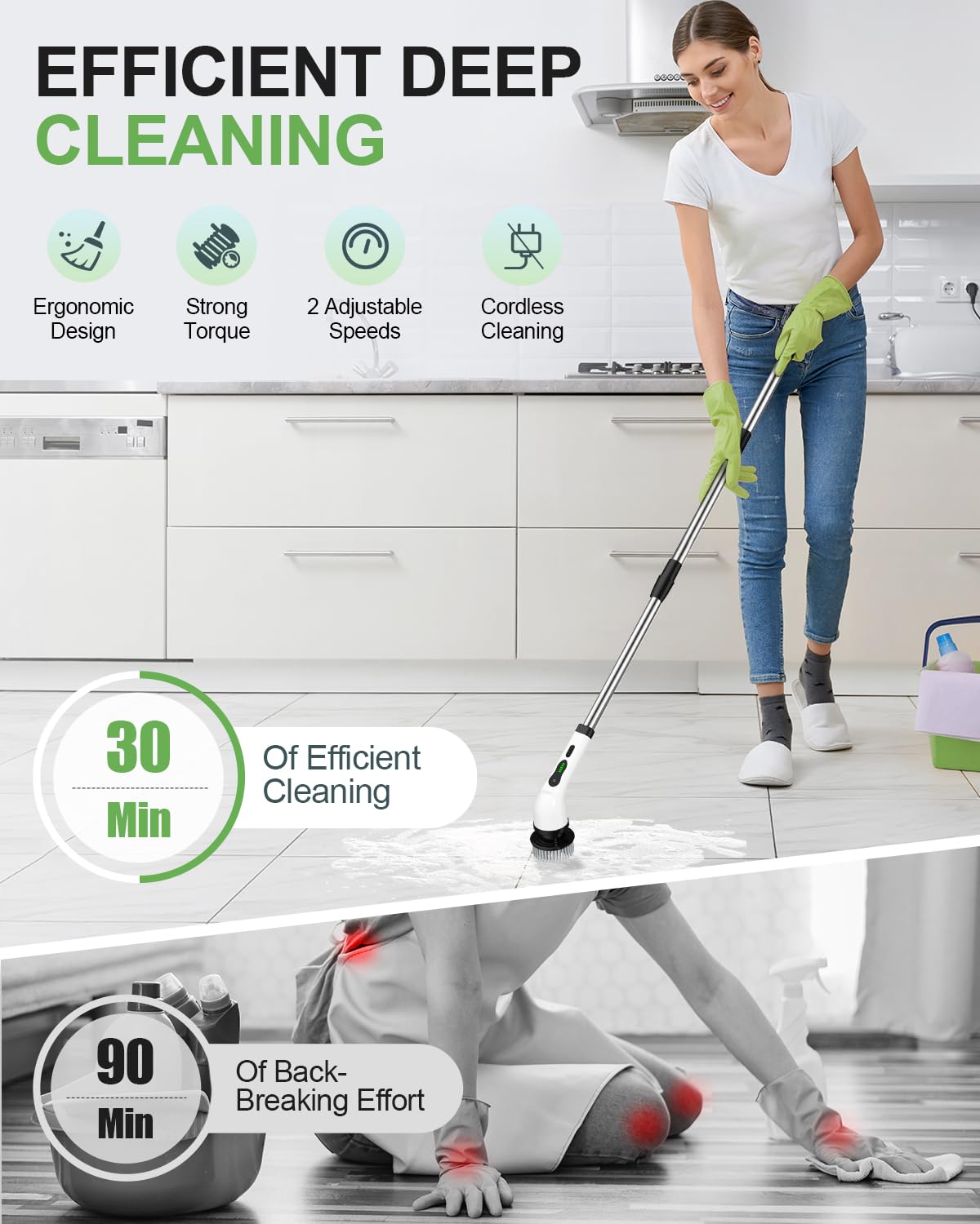 Electric Spin Scrubber, Cordless Cleaning Brush, Shower Scrubber with 8 Brush Heads 2H Power Dual Speed, Adjustable Extension Handle, IPX7 Waterproof for Tub Tile Floor Car, LX XP1