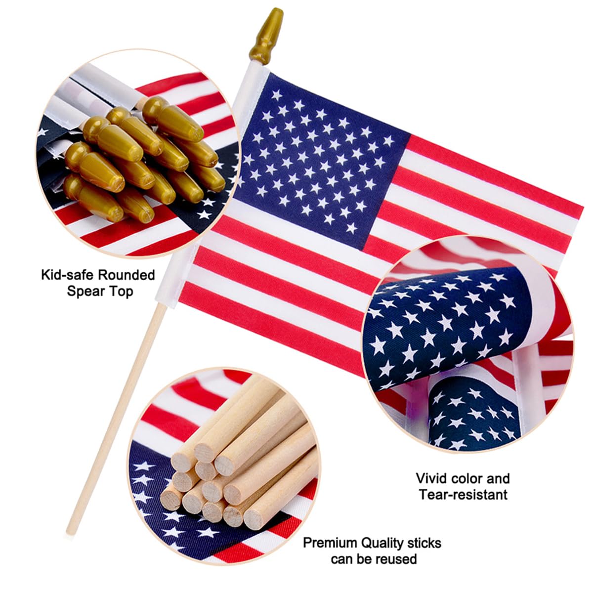 12 Pcs 8x12 Inch American Flags on Stick, Small USA Wood Stick Flags with Kid-Safe Spear Top, American Flags for Outside, Memorial Day Decorations, 4th of July Decorations, Veterans Day Decorations